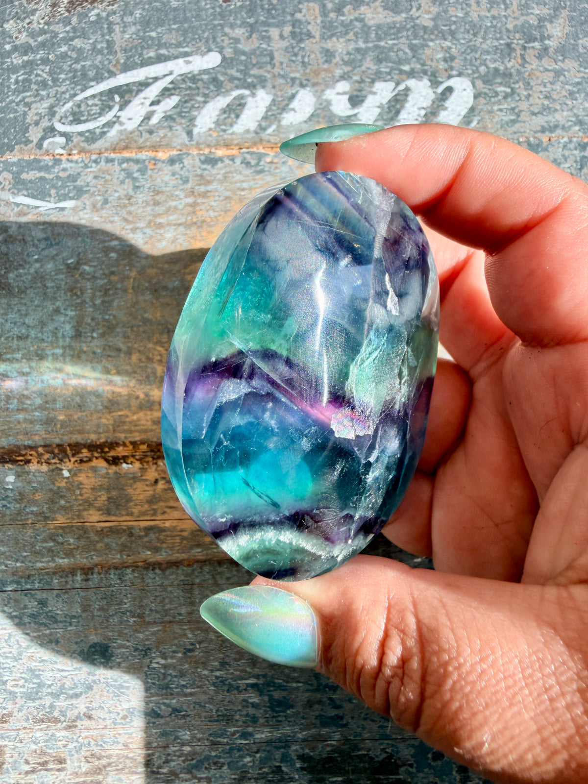Gorgeous High Quality Rainbow Fluorite Palm Stone | China | Opt 42