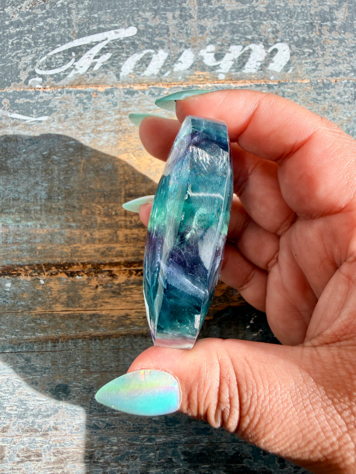 Gorgeous High Quality Rainbow Fluorite Palm Stone | China | Opt 42