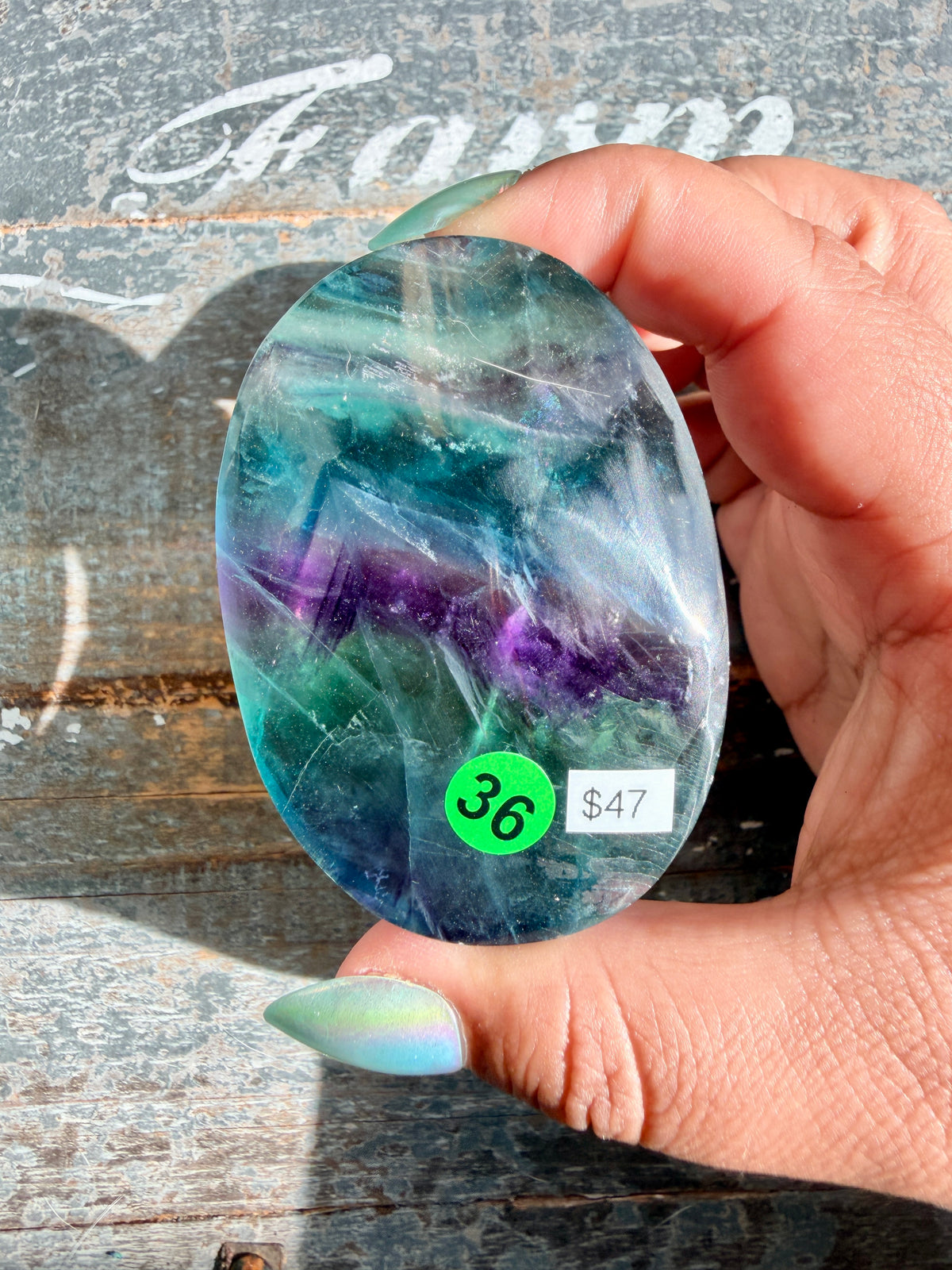 Gorgeous High Quality Rainbow Fluorite Palm Stone | China | Opt 36