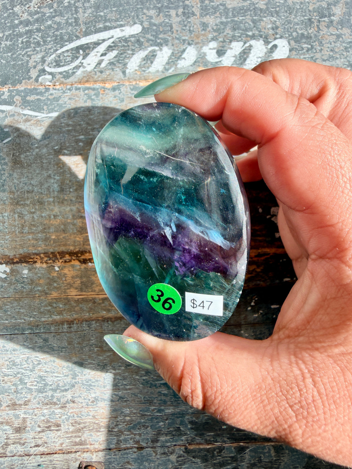 Gorgeous High Quality Rainbow Fluorite Palm Stone | China | Opt 36