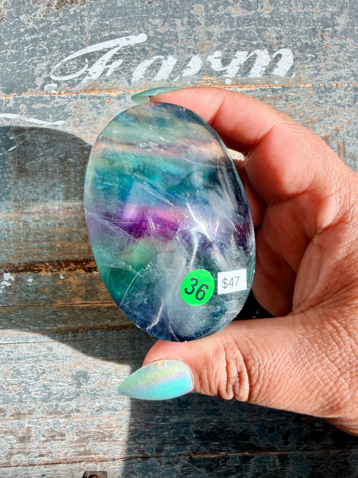 Gorgeous High Quality Rainbow Fluorite Palm Stone | China | Opt 36