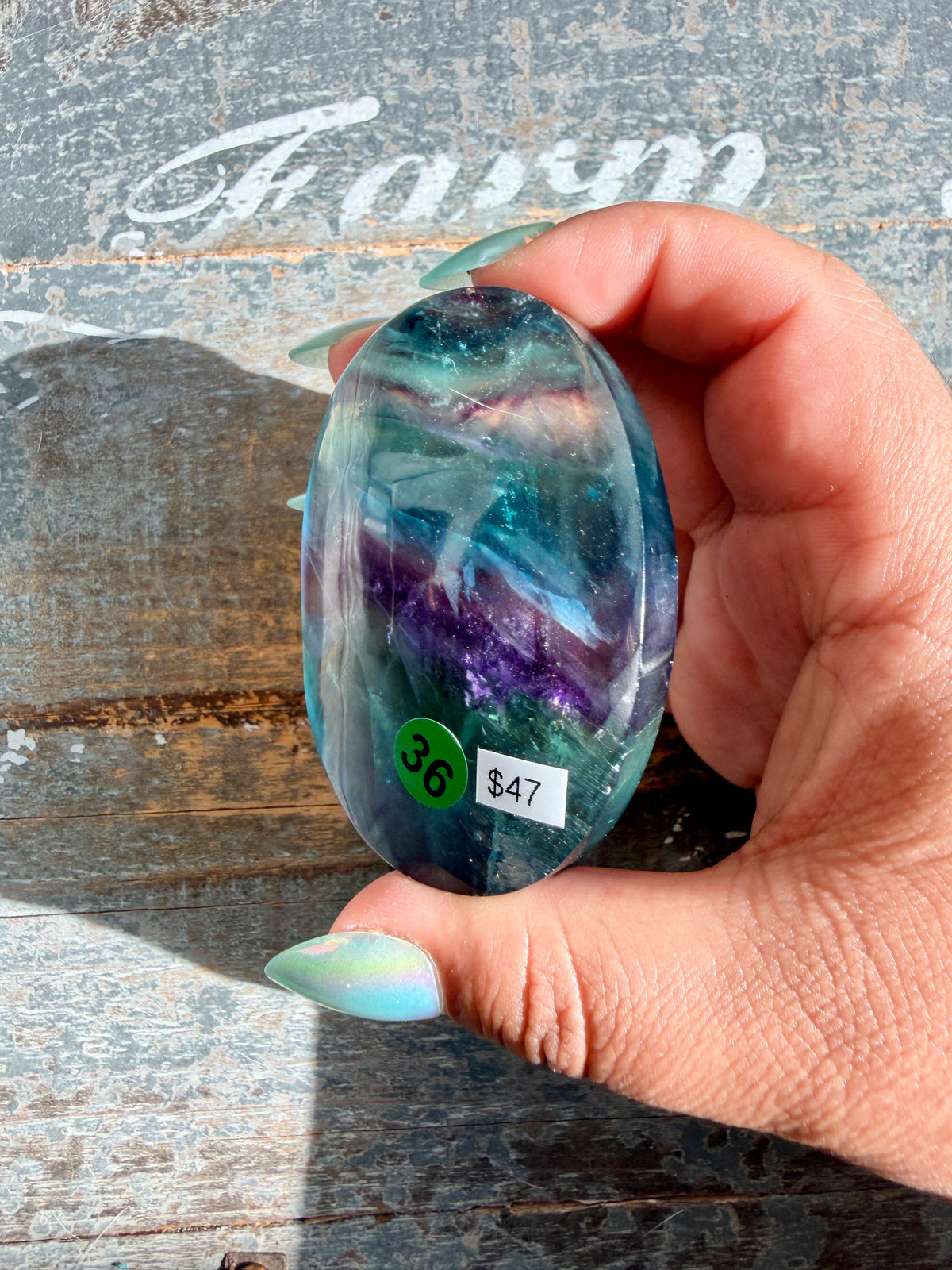 Gorgeous High Quality Rainbow Fluorite Palm Stone | China | Opt 36