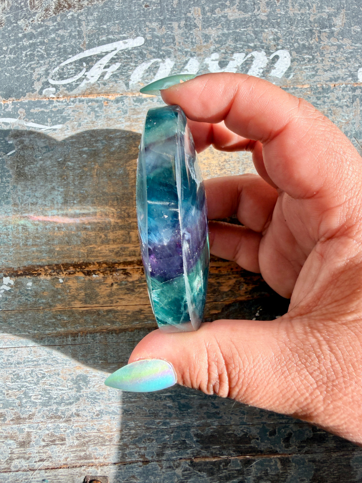 Gorgeous High Quality Rainbow Fluorite Palm Stone | China | Opt 36