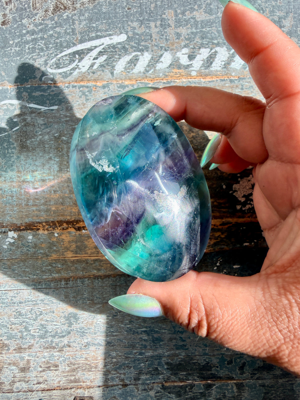 Gorgeous High Quality Rainbow Fluorite Palm Stone | China | Opt 36