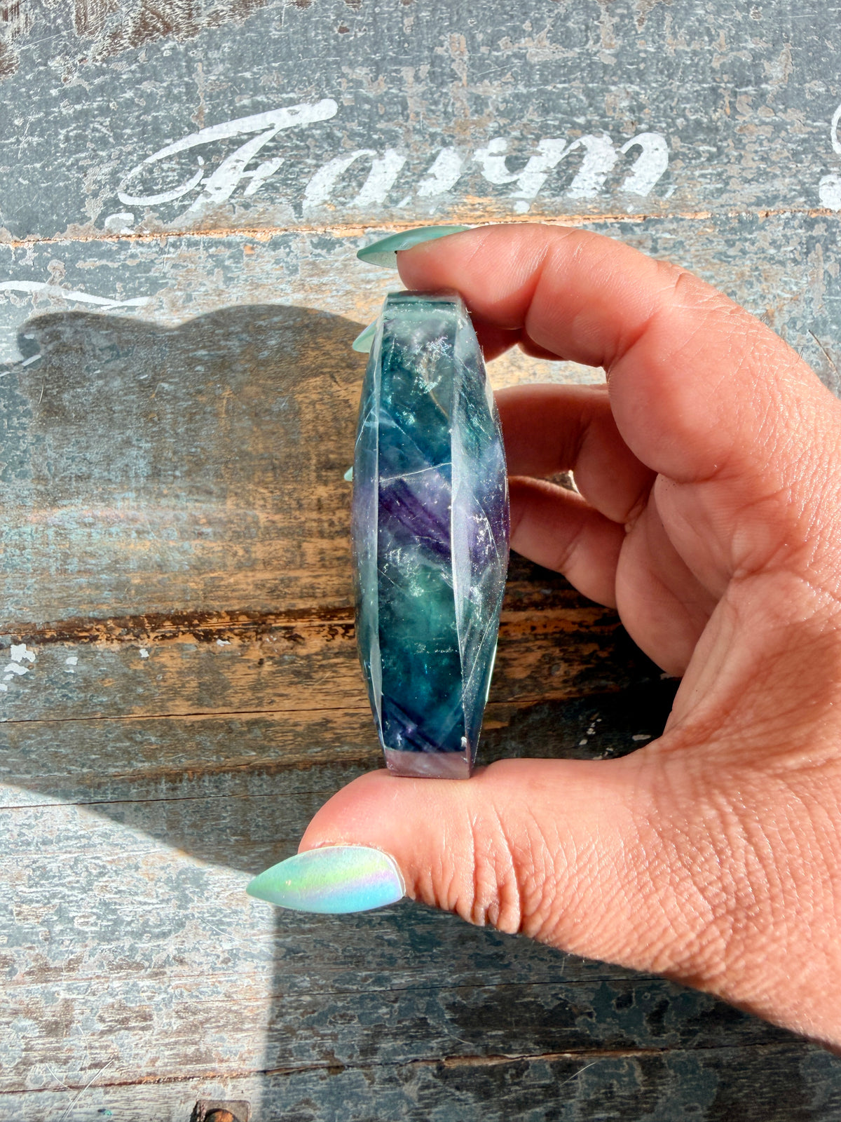 Gorgeous High Quality Rainbow Fluorite Palm Stone | China | Opt 36