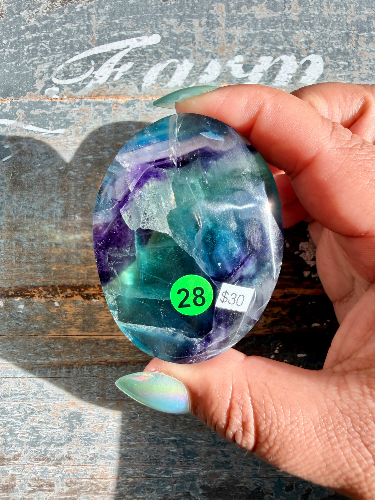 Gorgeous High Quality Rainbow Fluorite Palm Stone | China | Opt 28