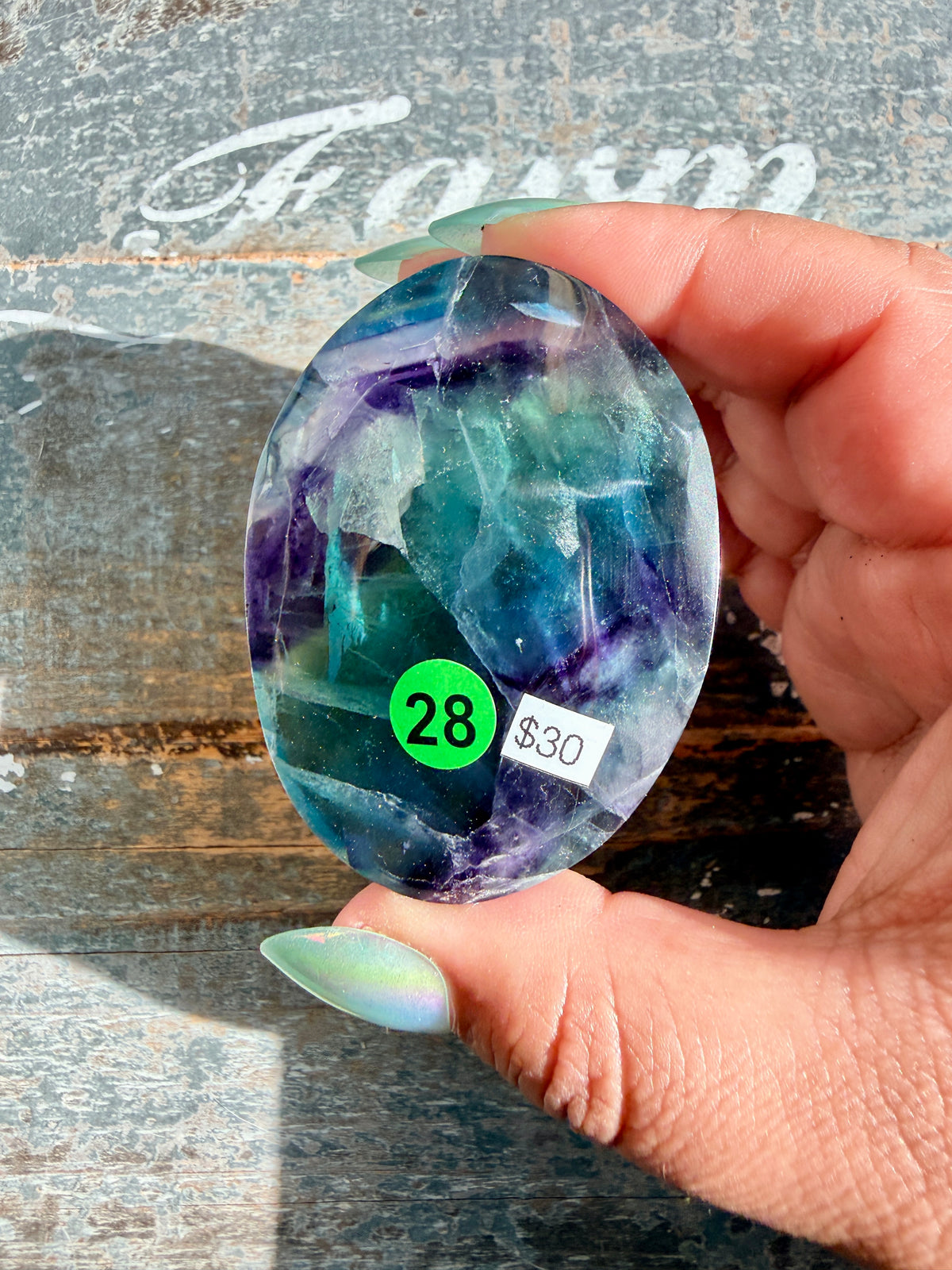 Gorgeous High Quality Rainbow Fluorite Palm Stone | China | Opt 28
