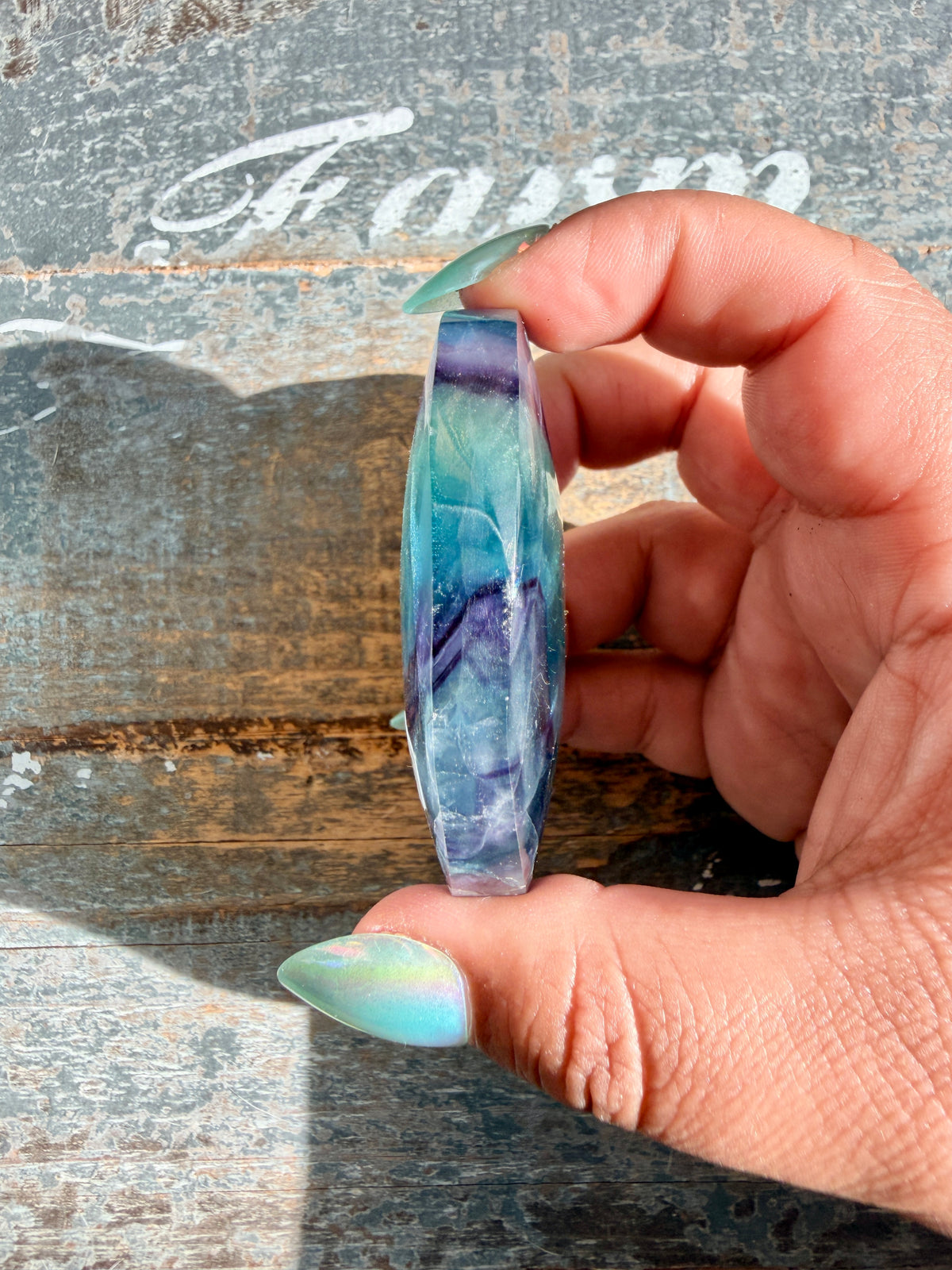 Gorgeous High Quality Rainbow Fluorite Palm Stone | China | Opt 28
