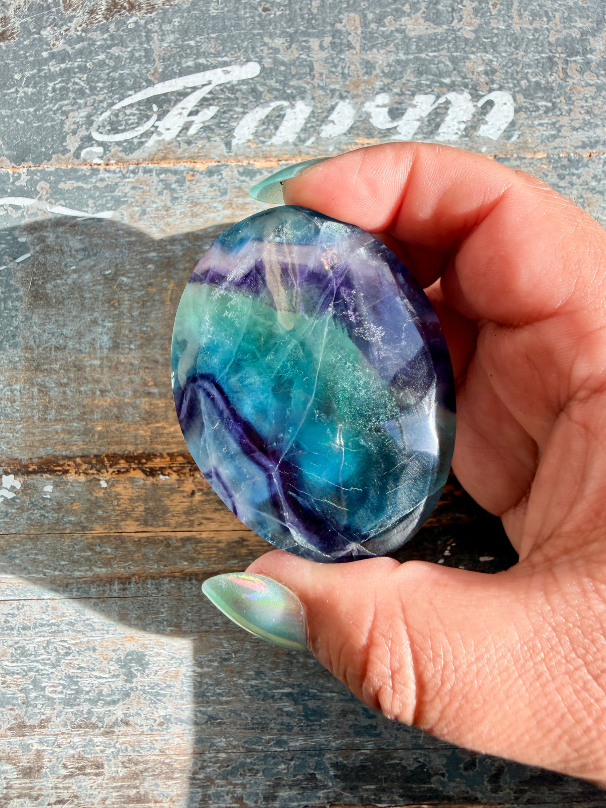 Gorgeous High Quality Rainbow Fluorite Palm Stone | China | Opt 28