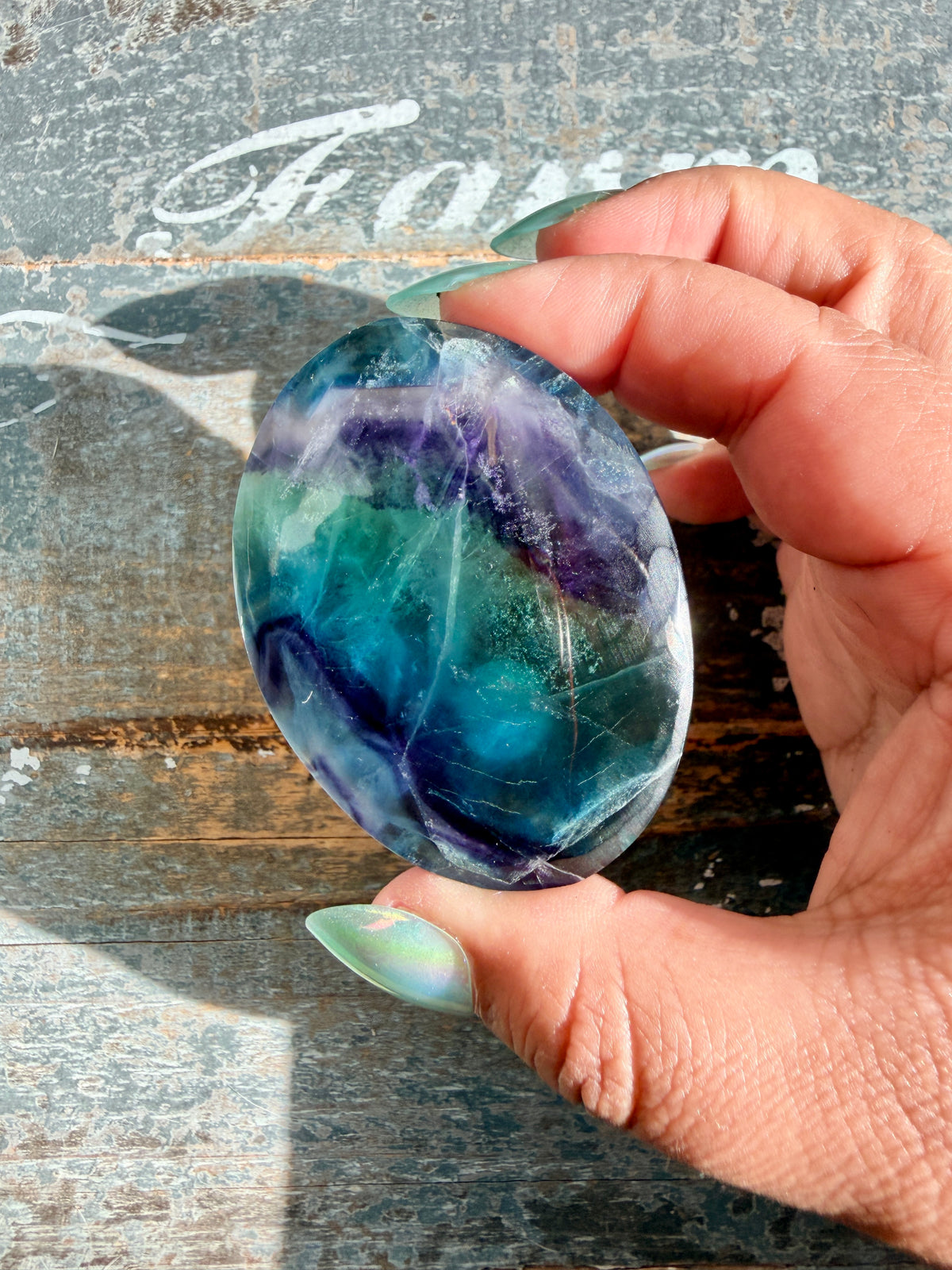 Gorgeous High Quality Rainbow Fluorite Palm Stone | China | Opt 28