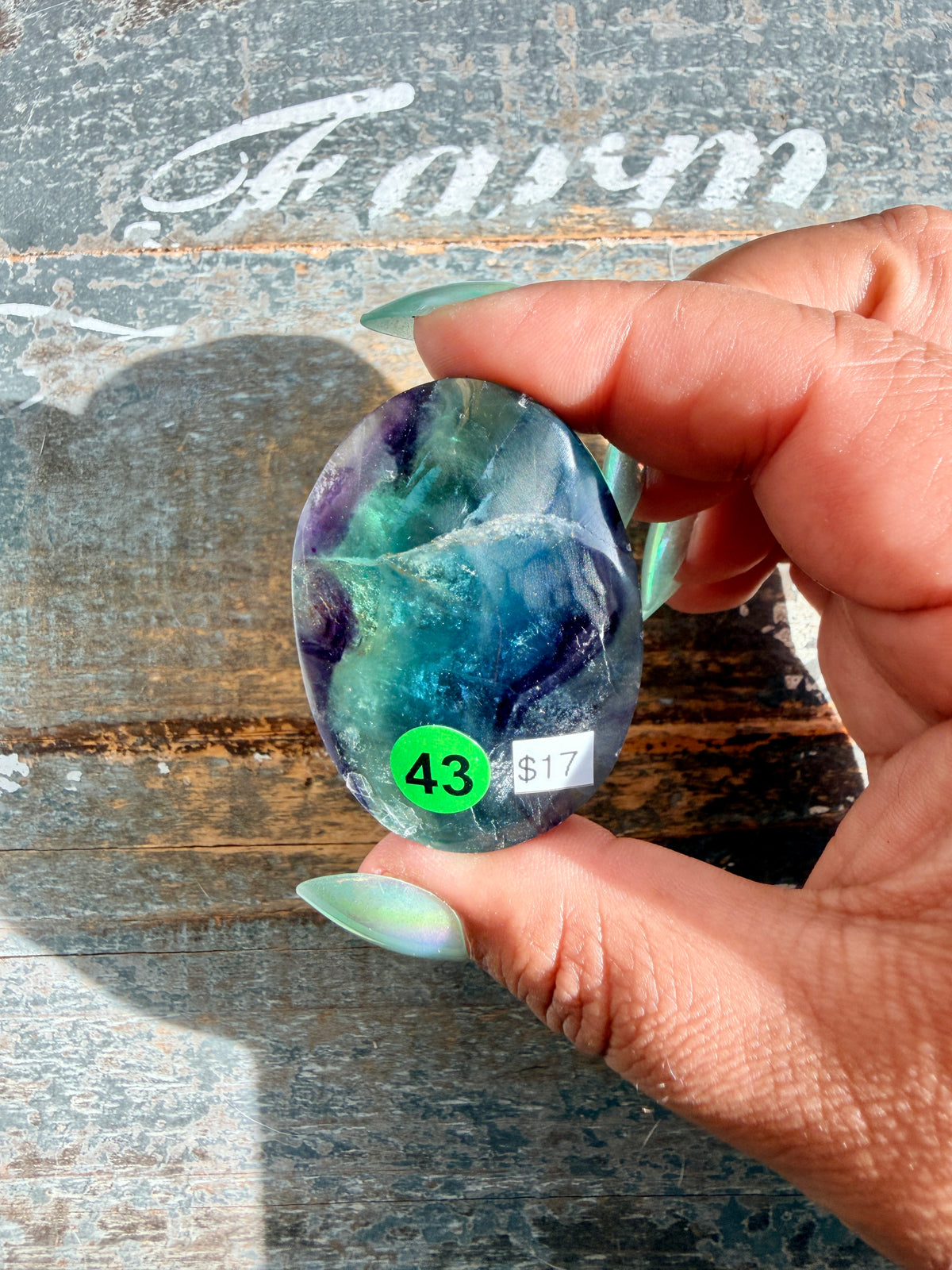 Gorgeous High Quality Rainbow Fluorite Palm Stone | China | Opt 43