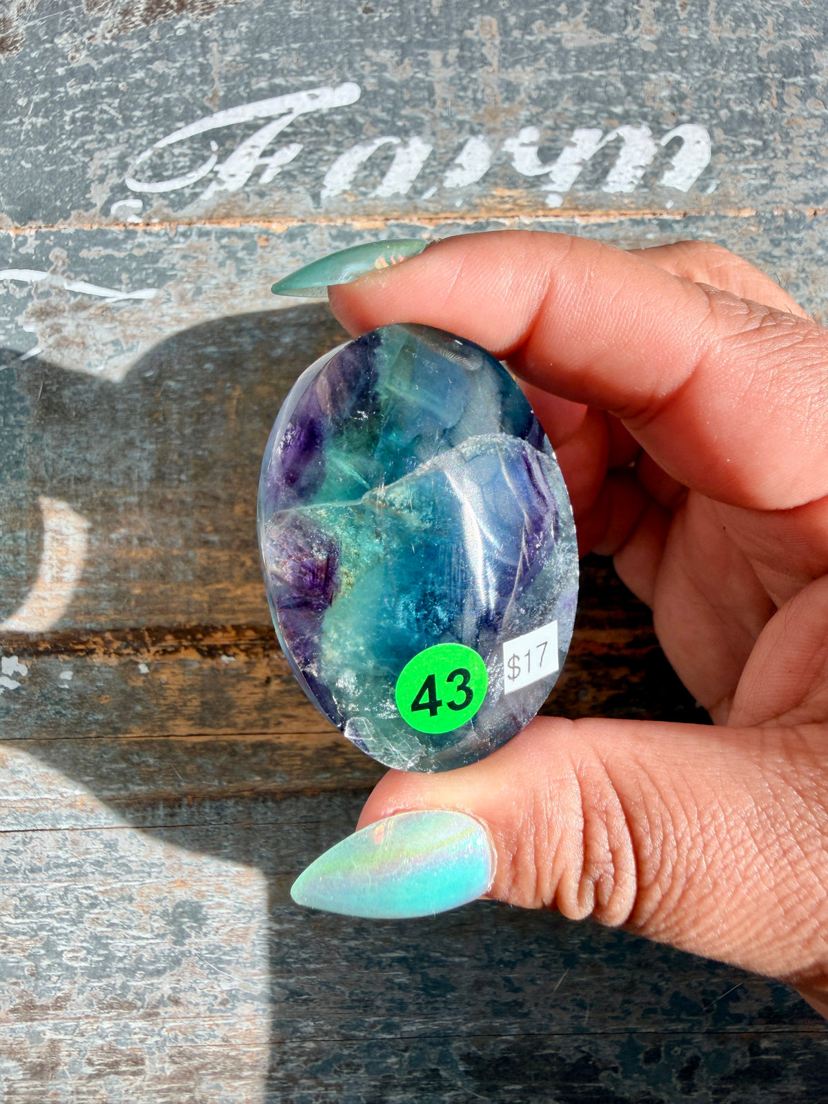 Gorgeous High Quality Rainbow Fluorite Palm Stone | China | Opt 43