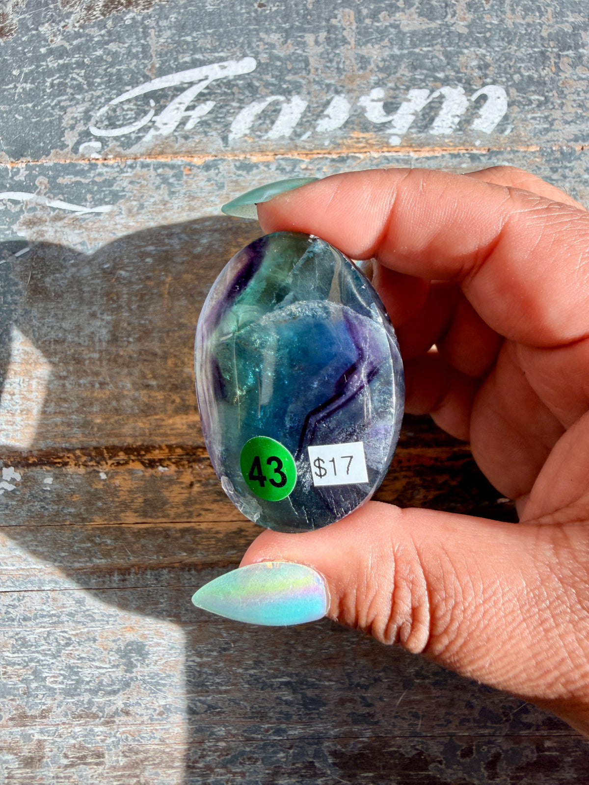 Gorgeous High Quality Rainbow Fluorite Palm Stone | China | Opt 43