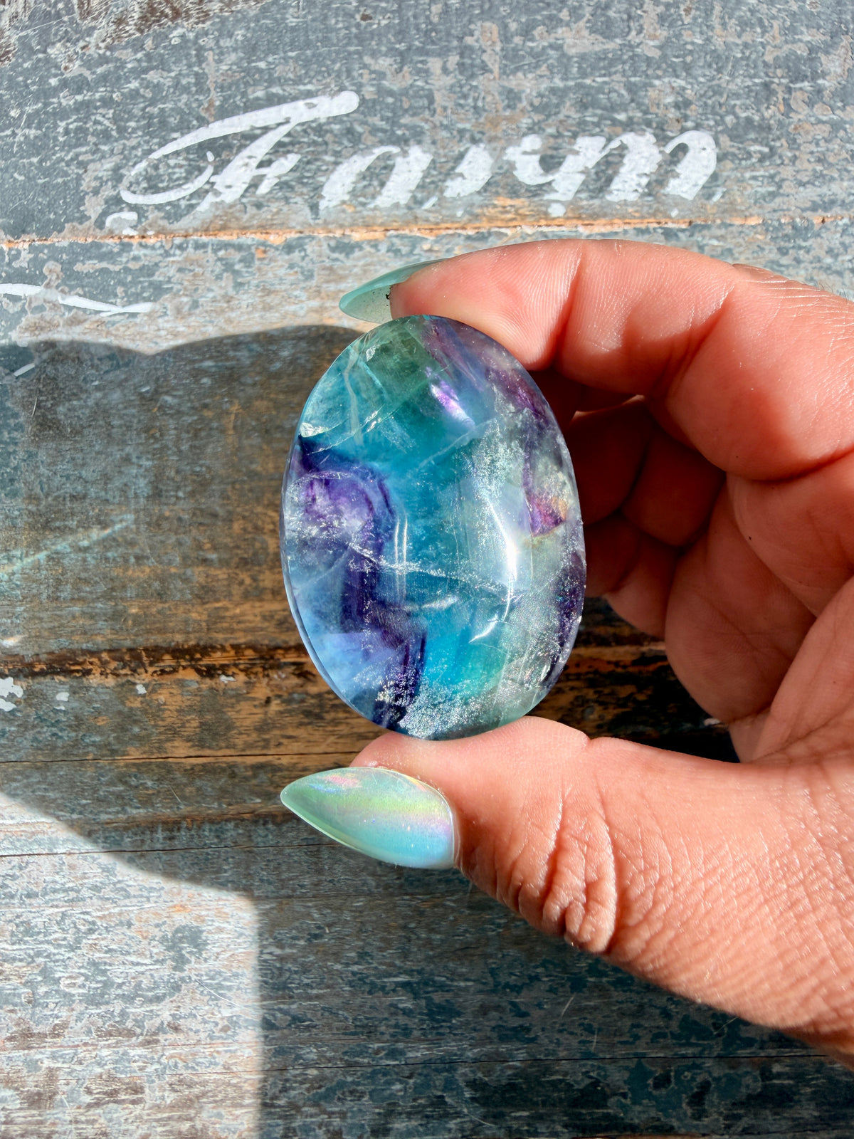 Gorgeous High Quality Rainbow Fluorite Palm Stone | China | Opt 43