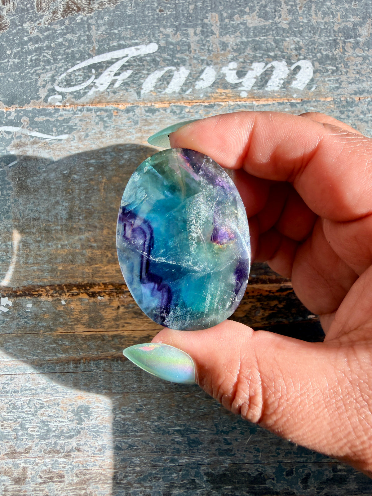 Gorgeous High Quality Rainbow Fluorite Palm Stone | China | Opt 43