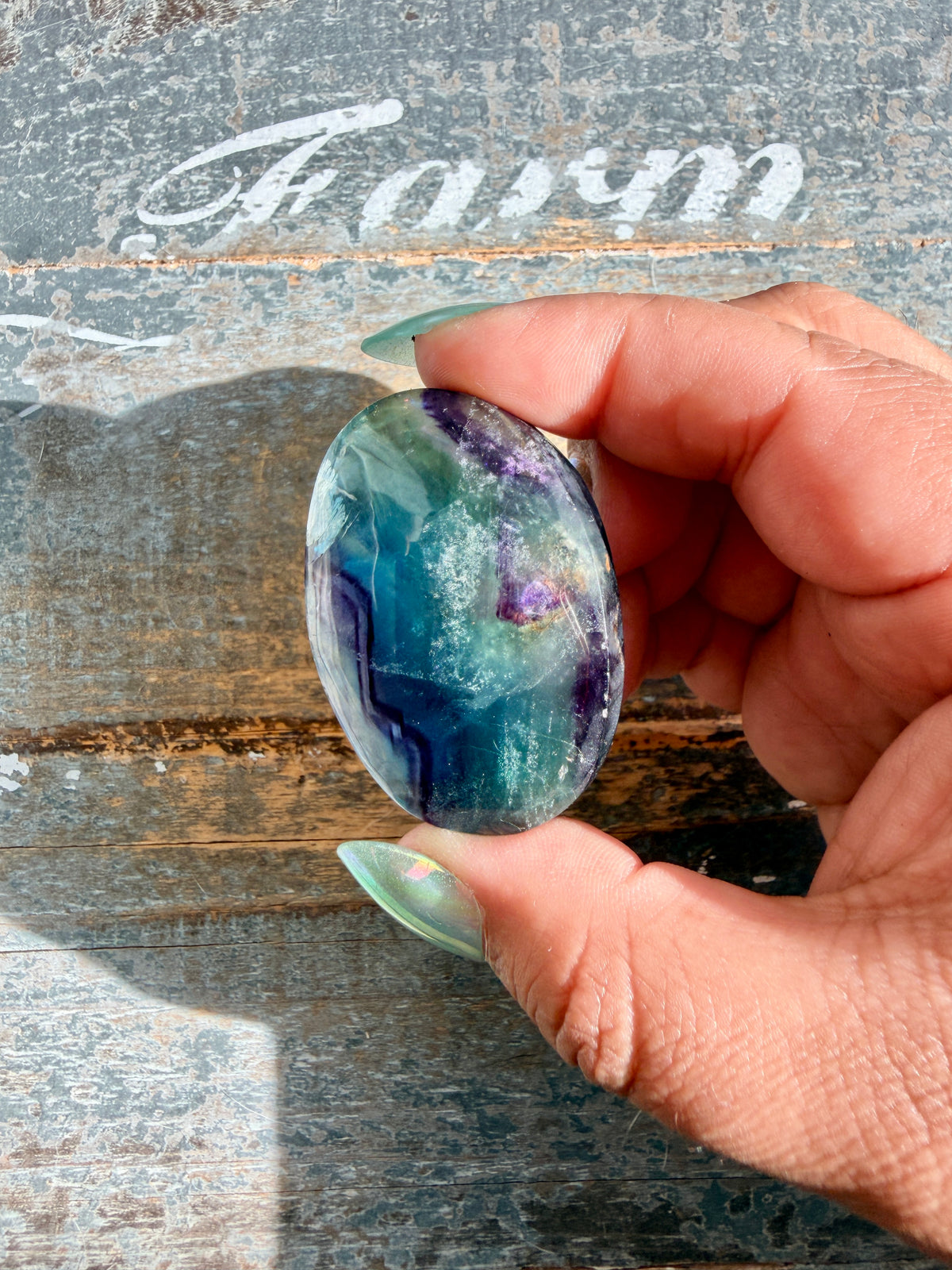 Gorgeous High Quality Rainbow Fluorite Palm Stone | China | Opt 43
