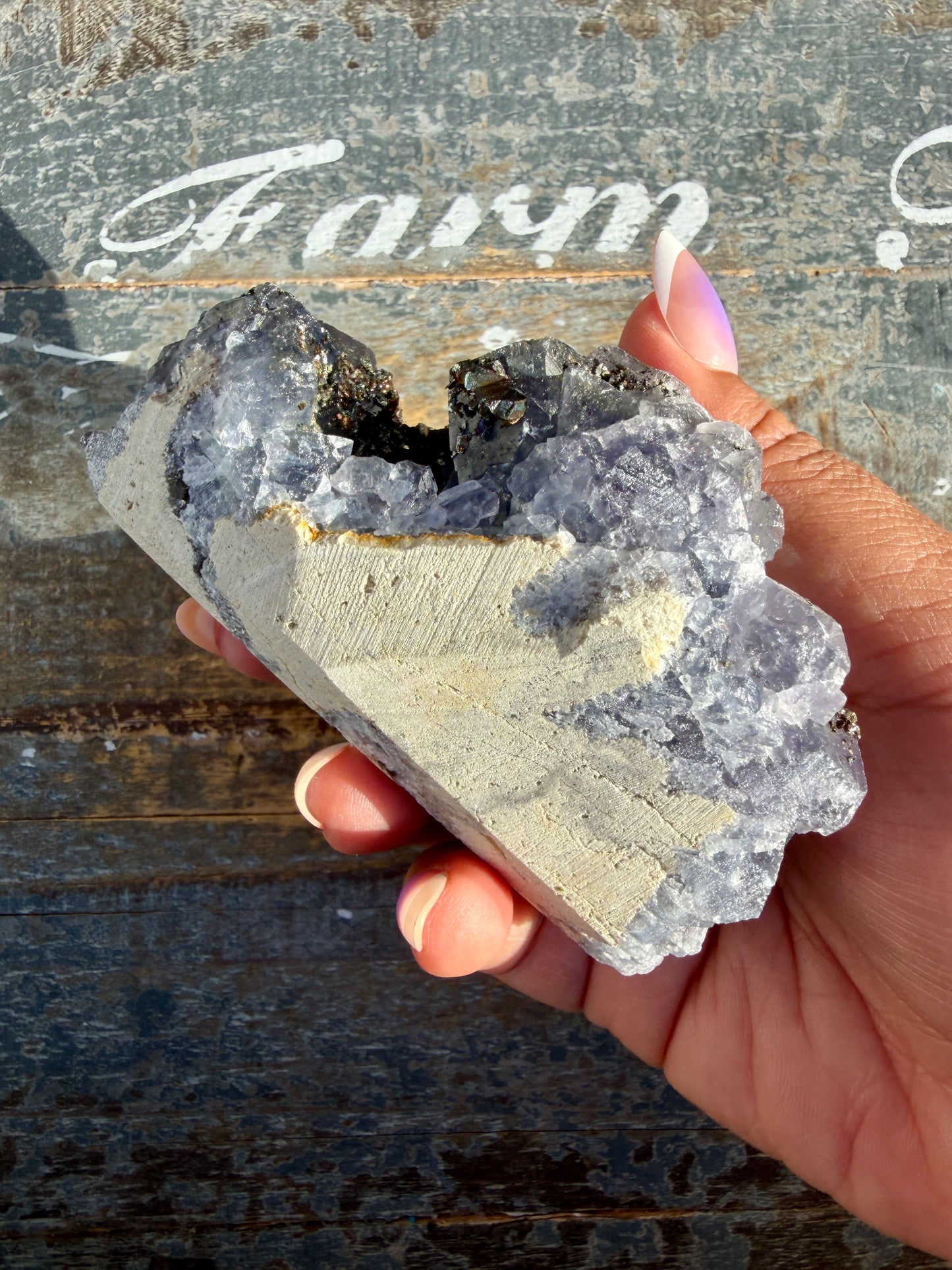 Gorgeous Cubic Dark Blue/Purple Fluorite Specimen coated in Pyrite | Opt 50