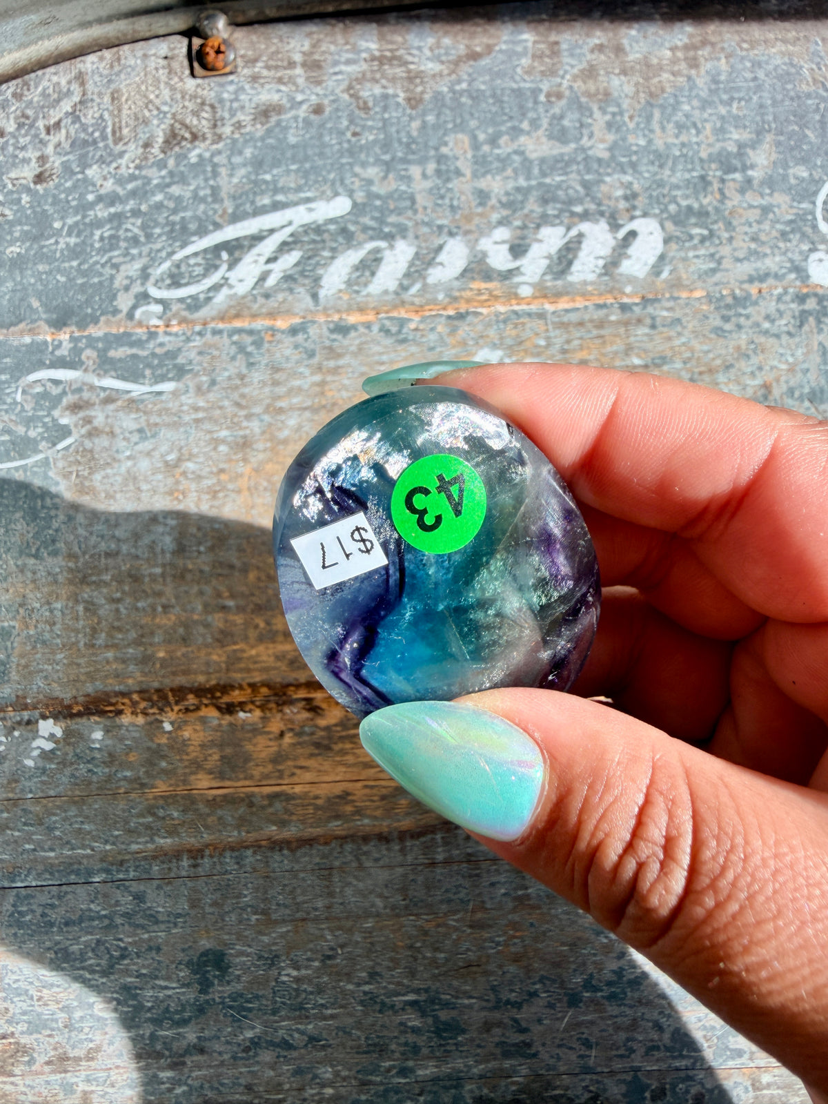 Gorgeous High Quality Rainbow Fluorite Palm Stone | China | Opt 43