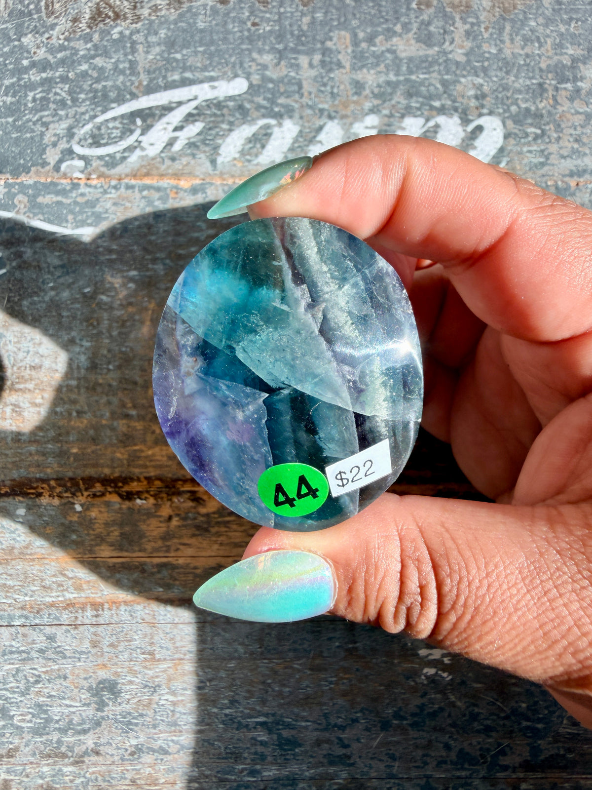 Gorgeous High Quality Rainbow Fluorite Palm Stone | China | Opt 44