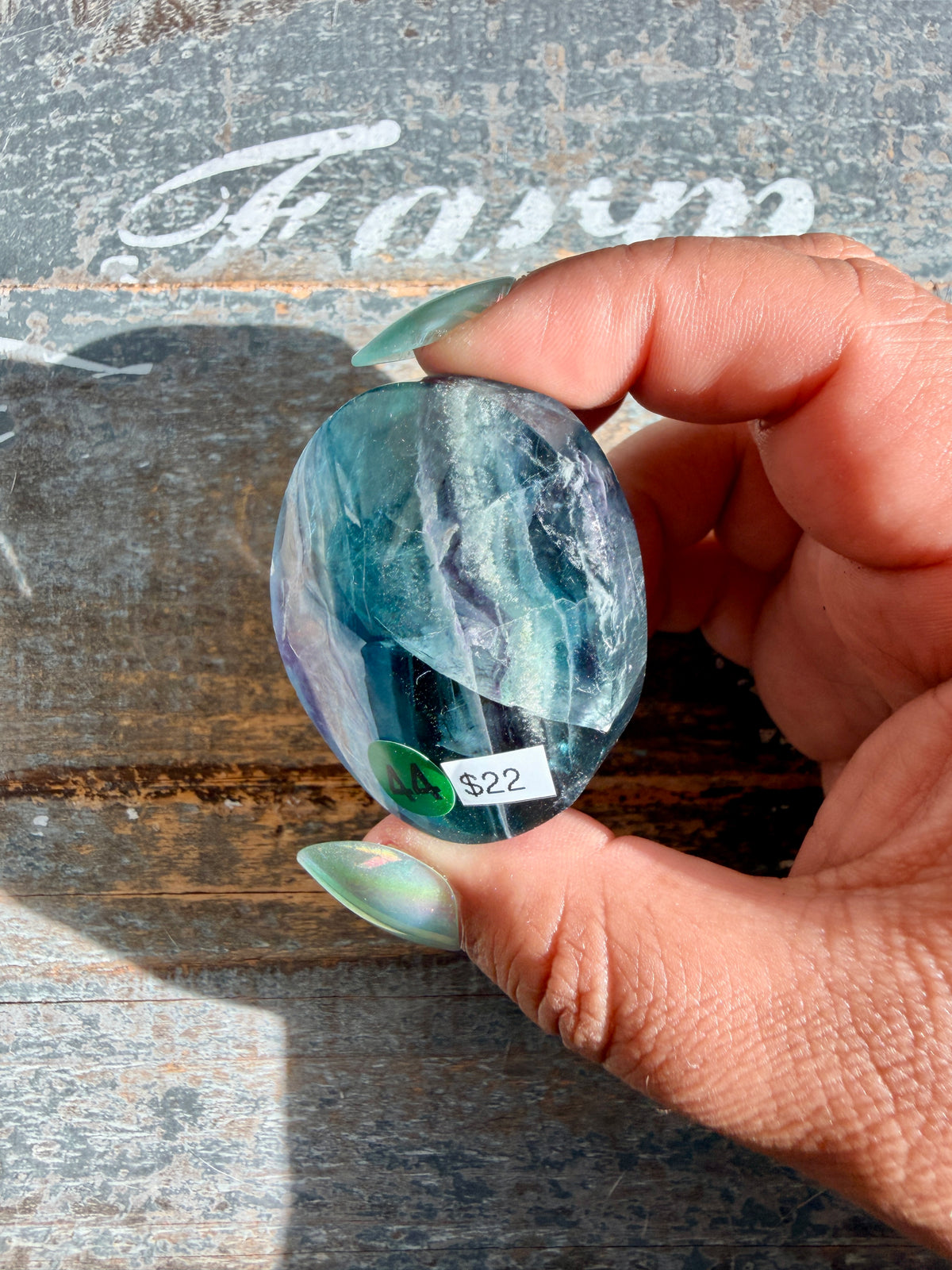Gorgeous High Quality Rainbow Fluorite Palm Stone | China | Opt 44