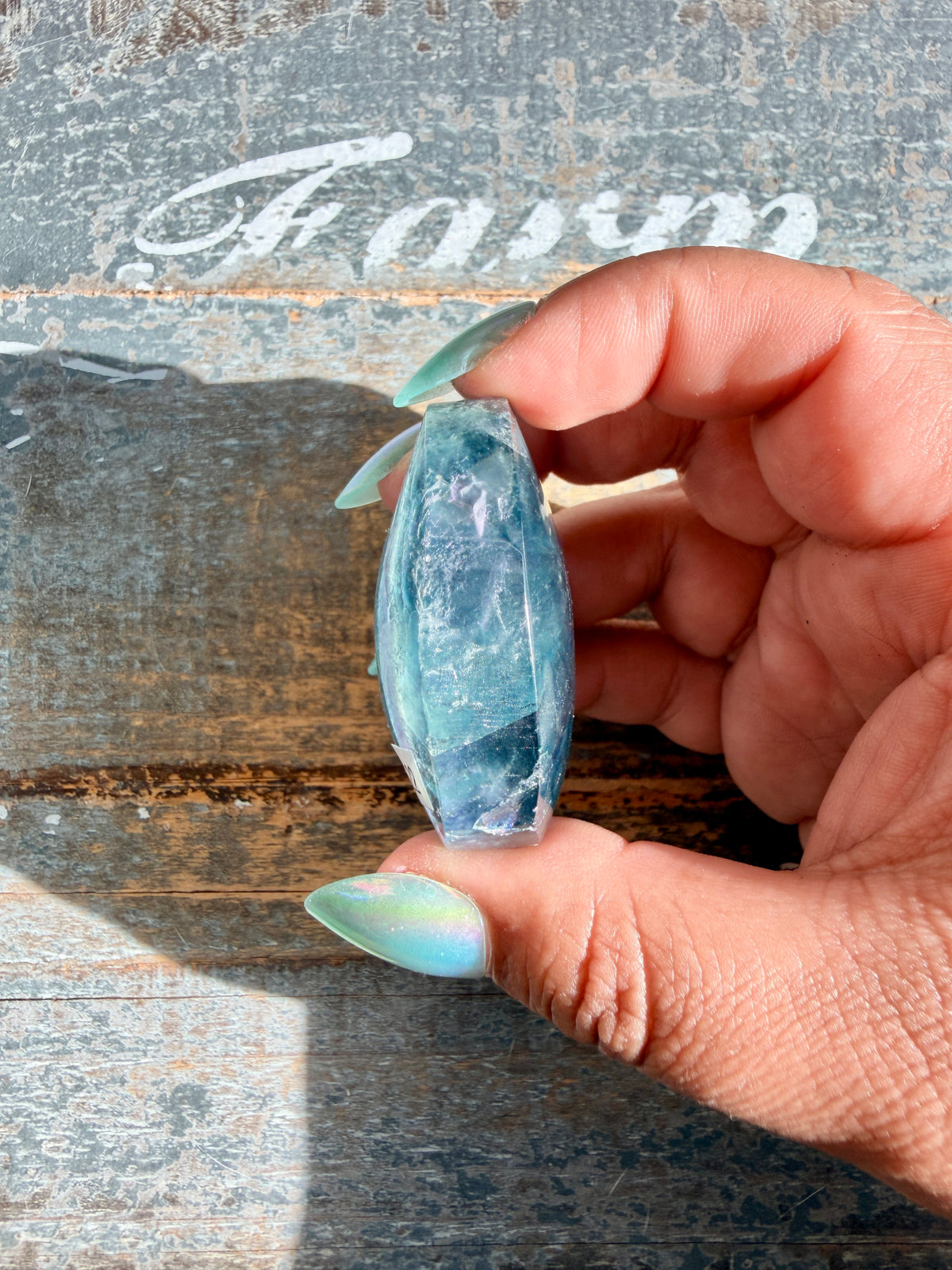 Gorgeous High Quality Rainbow Fluorite Palm Stone | China | Opt 44