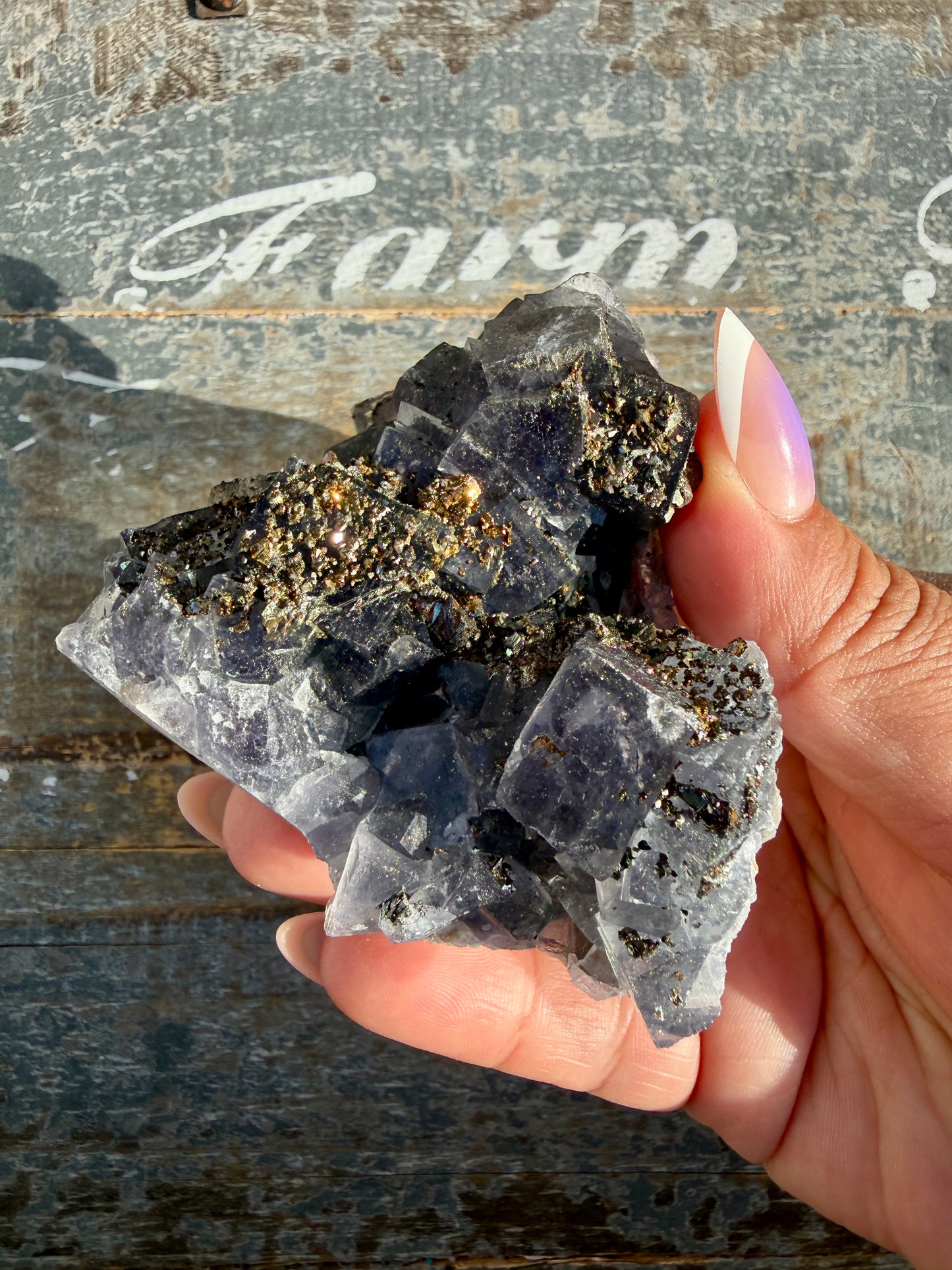 Gorgeous Cubic Dark Blue/Purple Fluorite Specimen coated in Pyrite | Opt 50