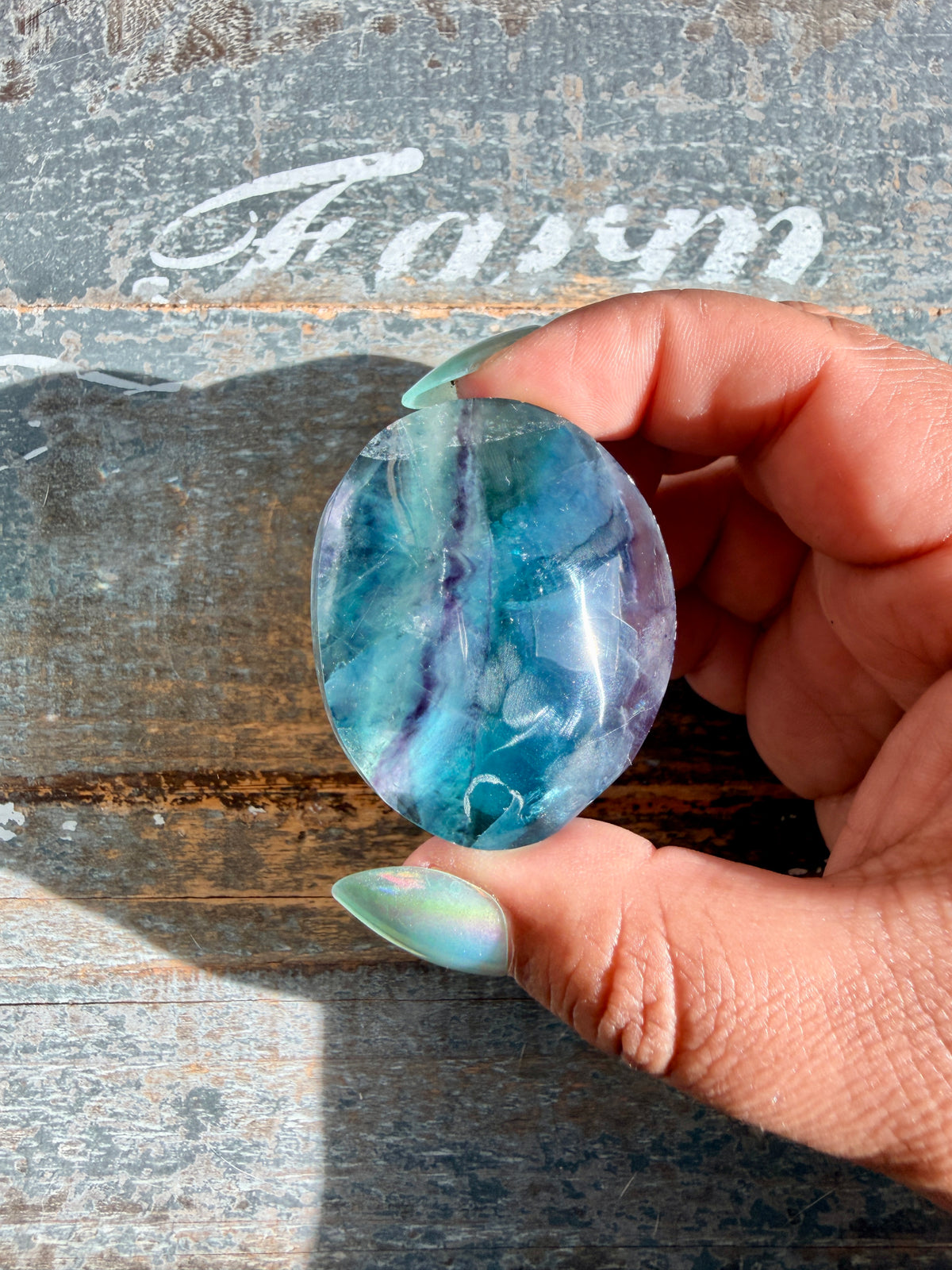 Gorgeous High Quality Rainbow Fluorite Palm Stone | China | Opt 44