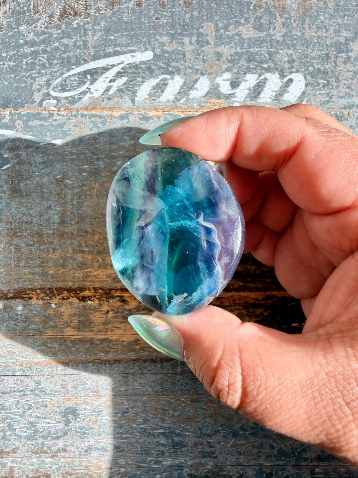 Gorgeous High Quality Rainbow Fluorite Palm Stone | China | Opt 44