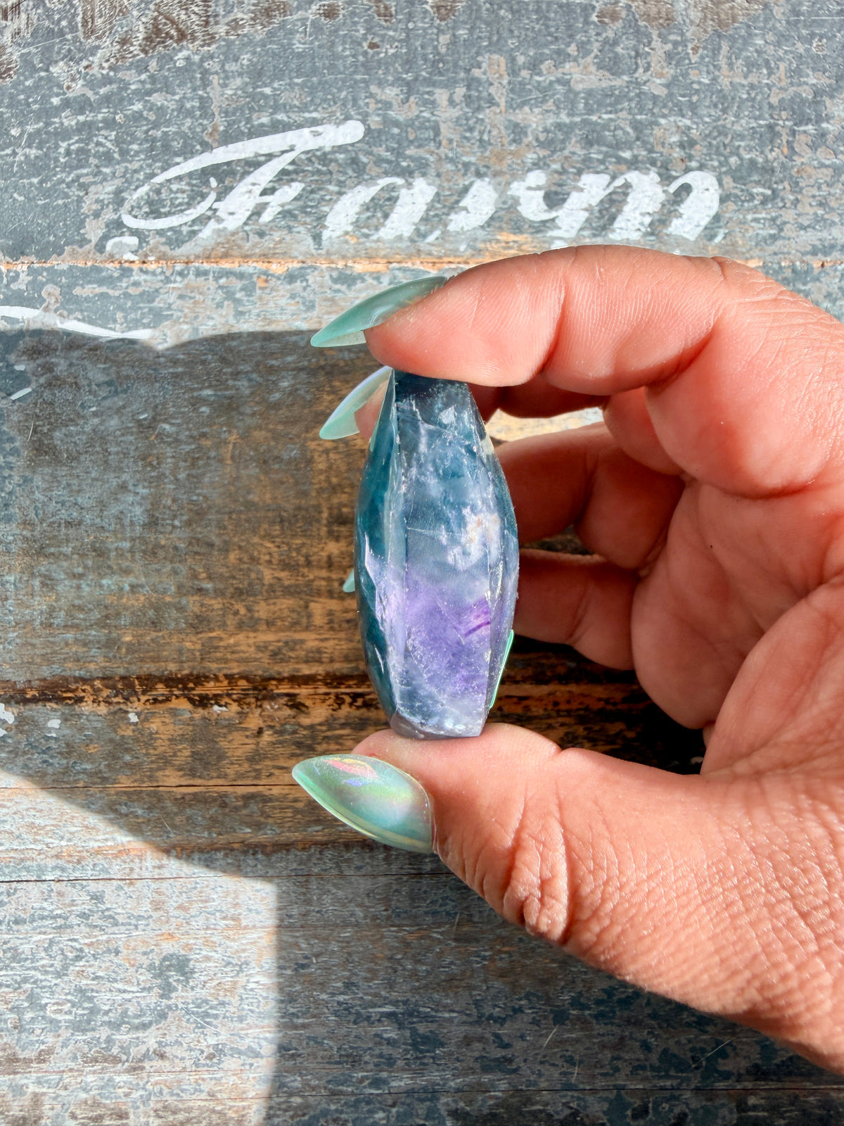 Gorgeous High Quality Rainbow Fluorite Palm Stone | China | Opt 44