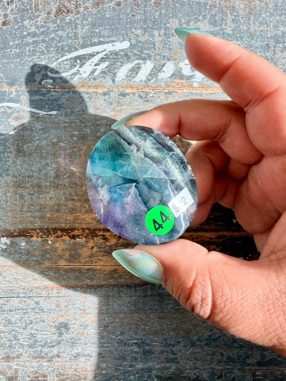 Gorgeous High Quality Rainbow Fluorite Palm Stone | China | Opt 44