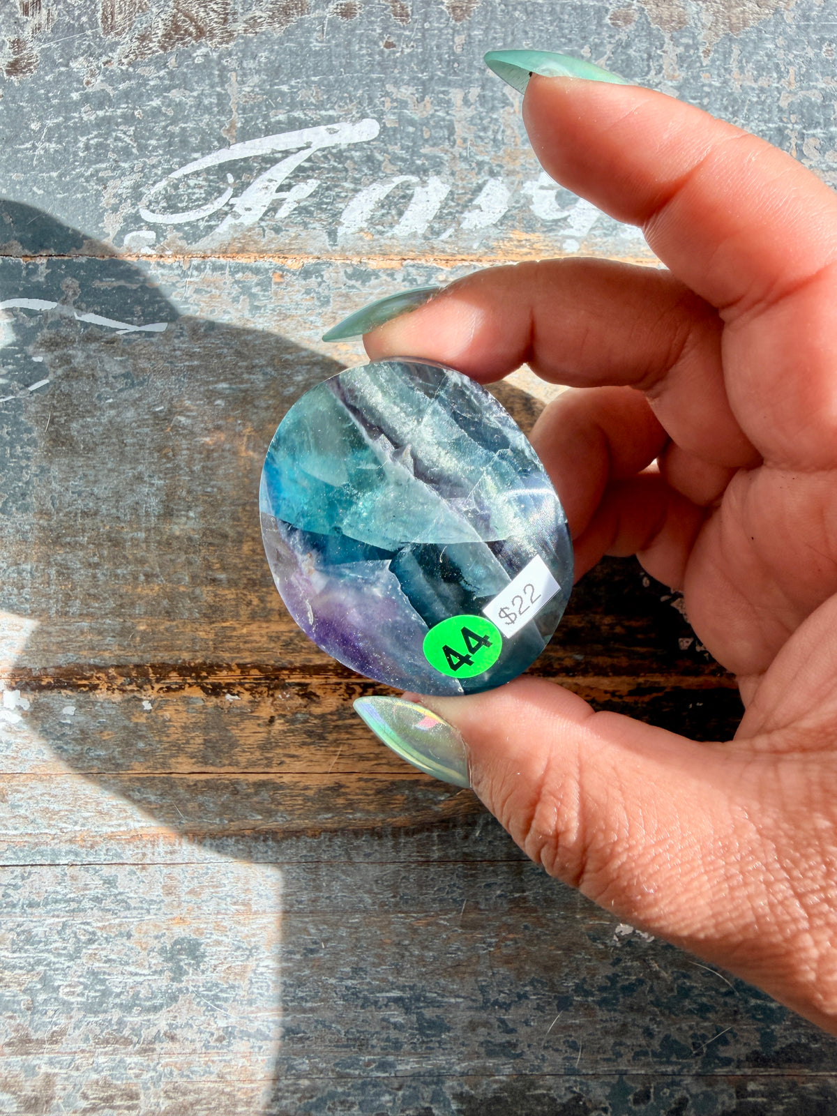 Gorgeous High Quality Rainbow Fluorite Palm Stone | China | Opt 44
