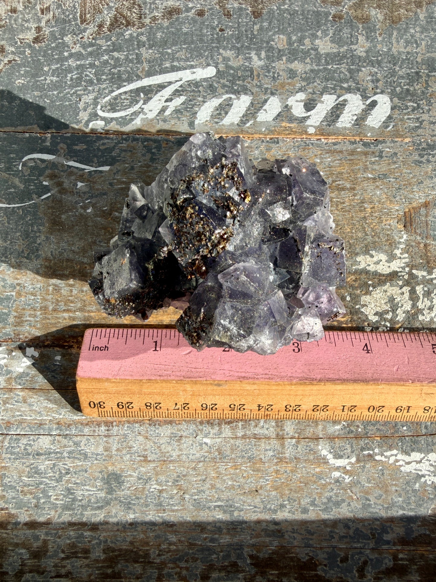 Gorgeous Cubic Dark Blue/Purple Fluorite Specimen coated in Pyrite | Opt 50