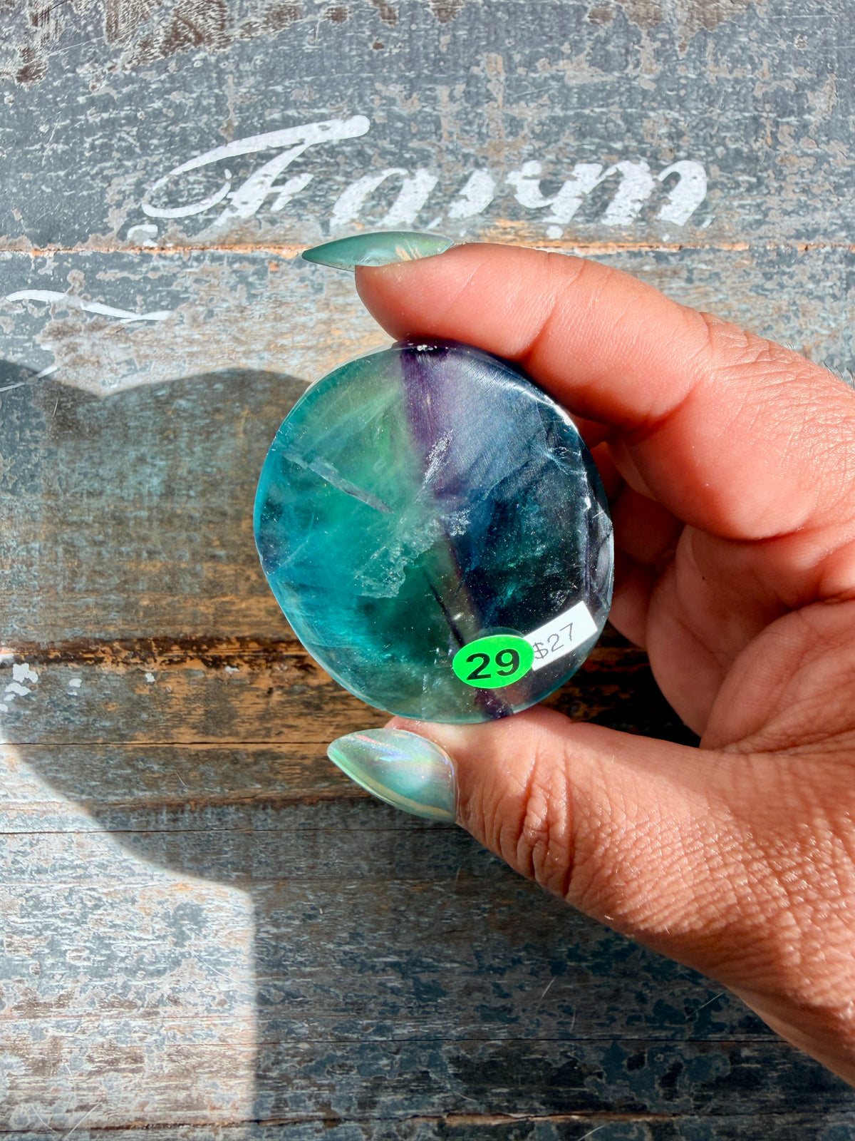 Gorgeous High Quality Rainbow Fluorite Palm Stone | China | Opt 29