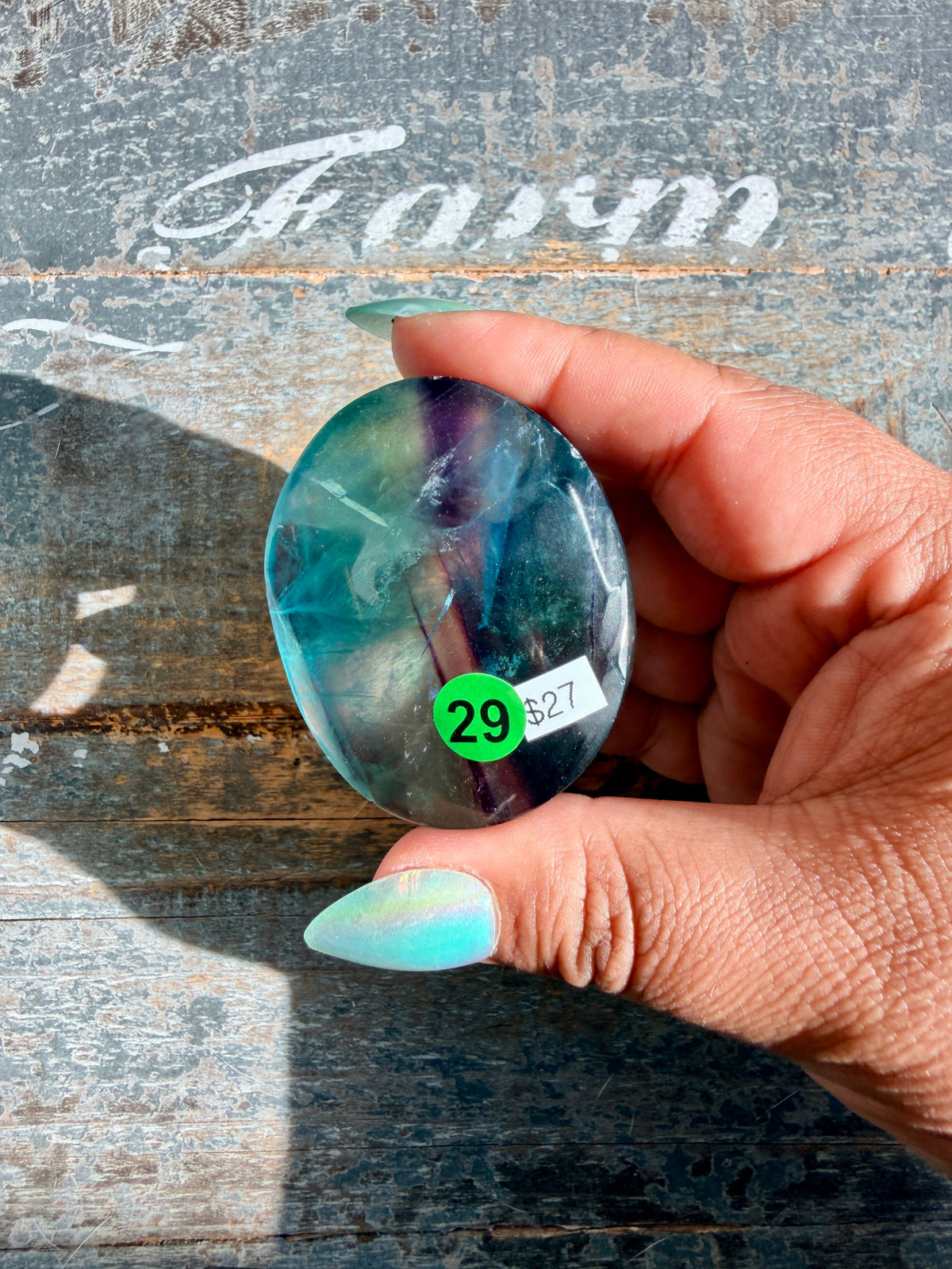 Gorgeous High Quality Rainbow Fluorite Palm Stone | China | Opt 29