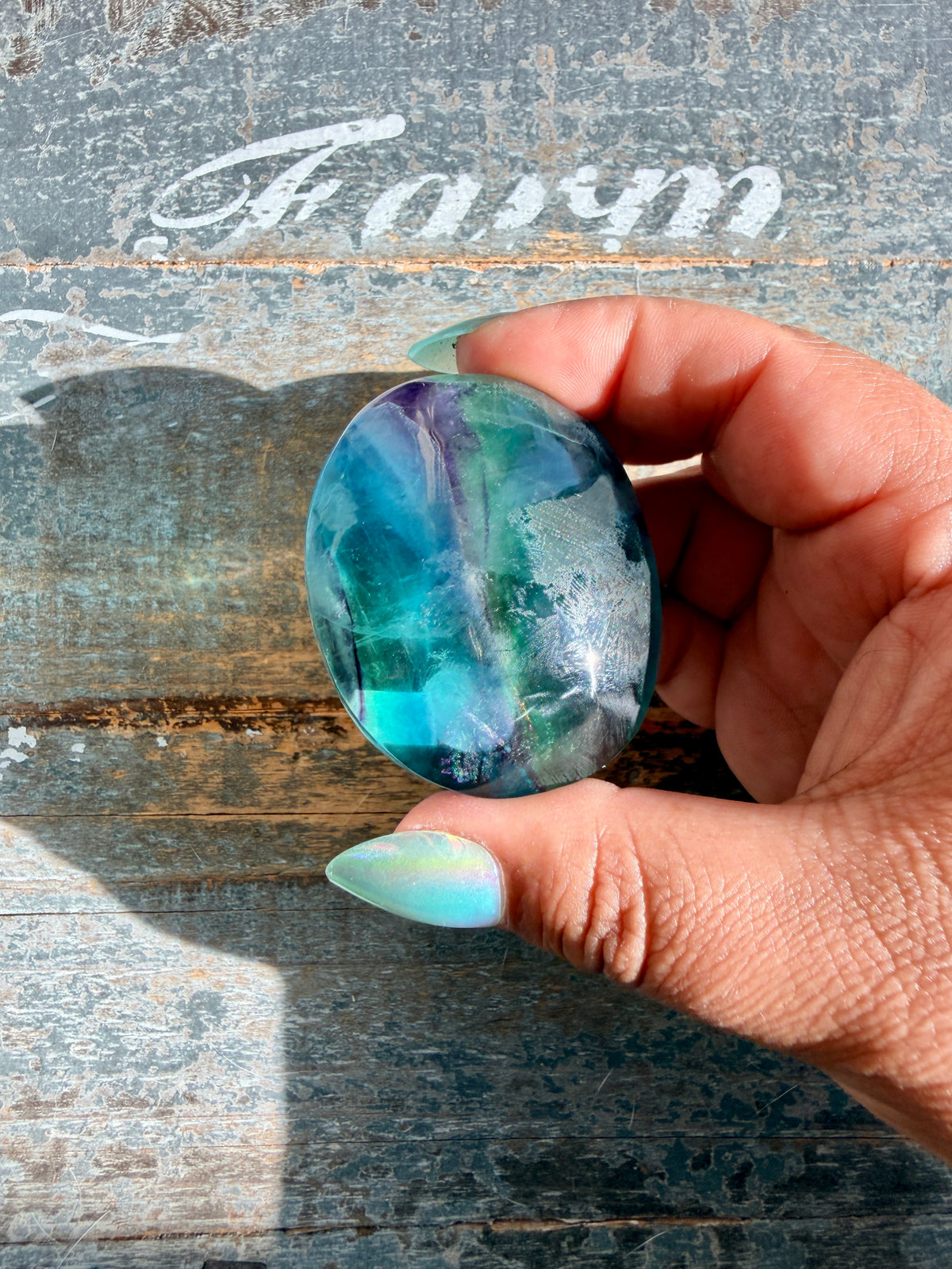 Gorgeous High Quality Rainbow Fluorite Palm Stone | China | Opt 29