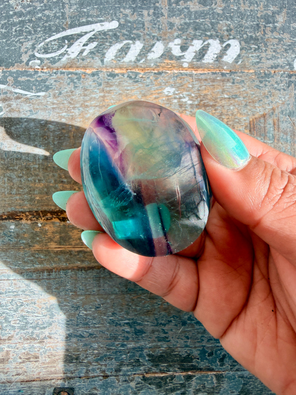 Gorgeous High Quality Rainbow Fluorite Palm Stone | China | Opt 29