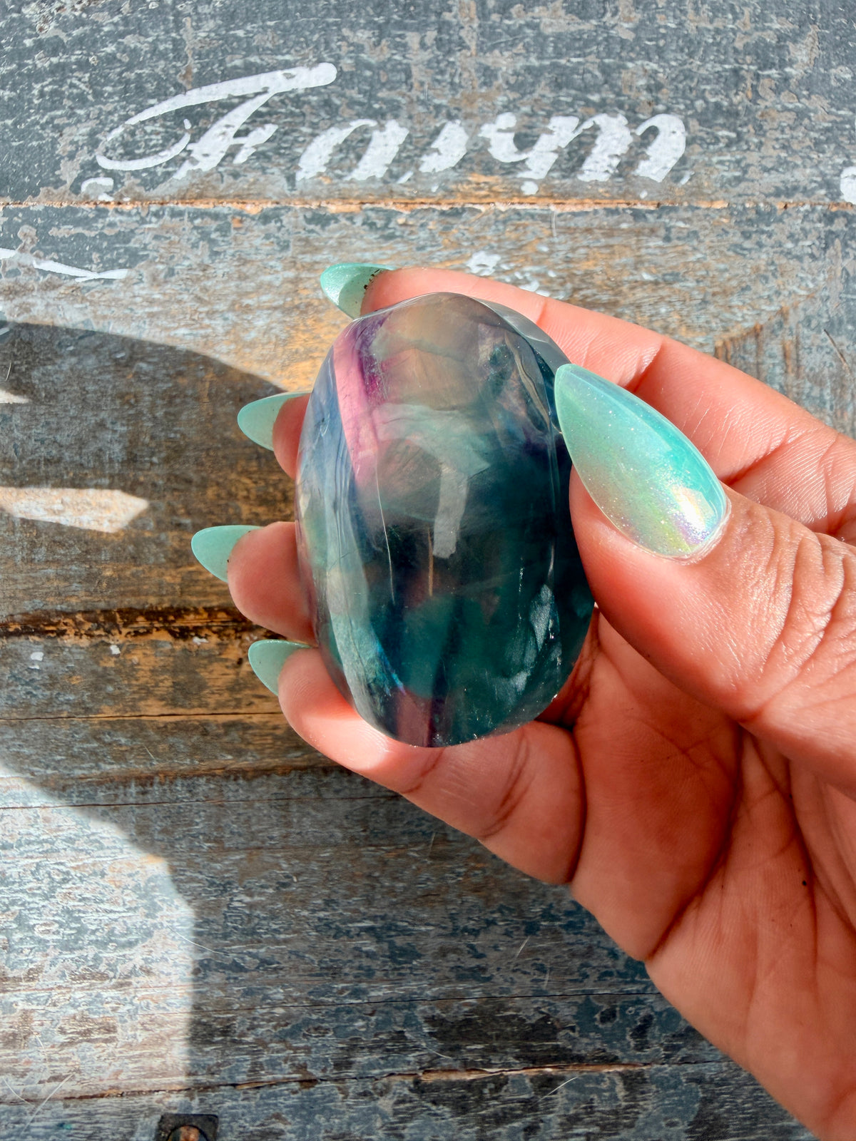 Gorgeous High Quality Rainbow Fluorite Palm Stone | China | Opt 29