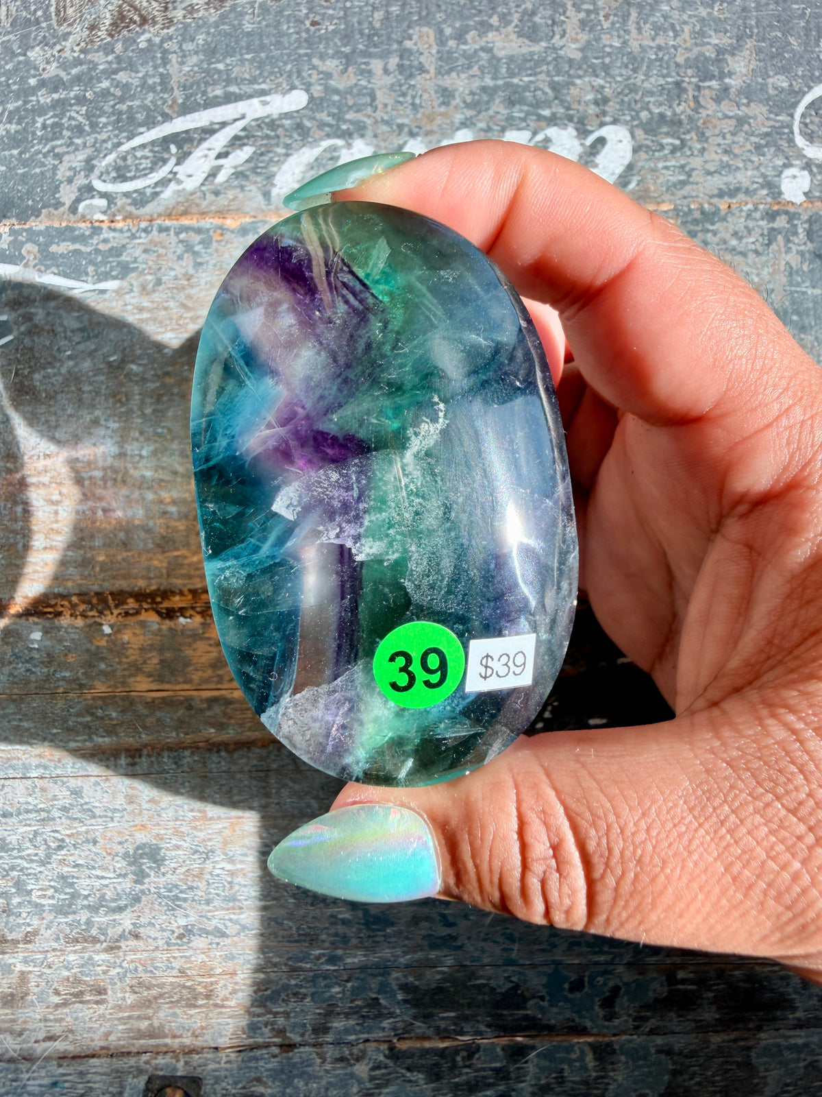 Gorgeous High Quality Rainbow Fluorite Palm Stone | China | Opt 39