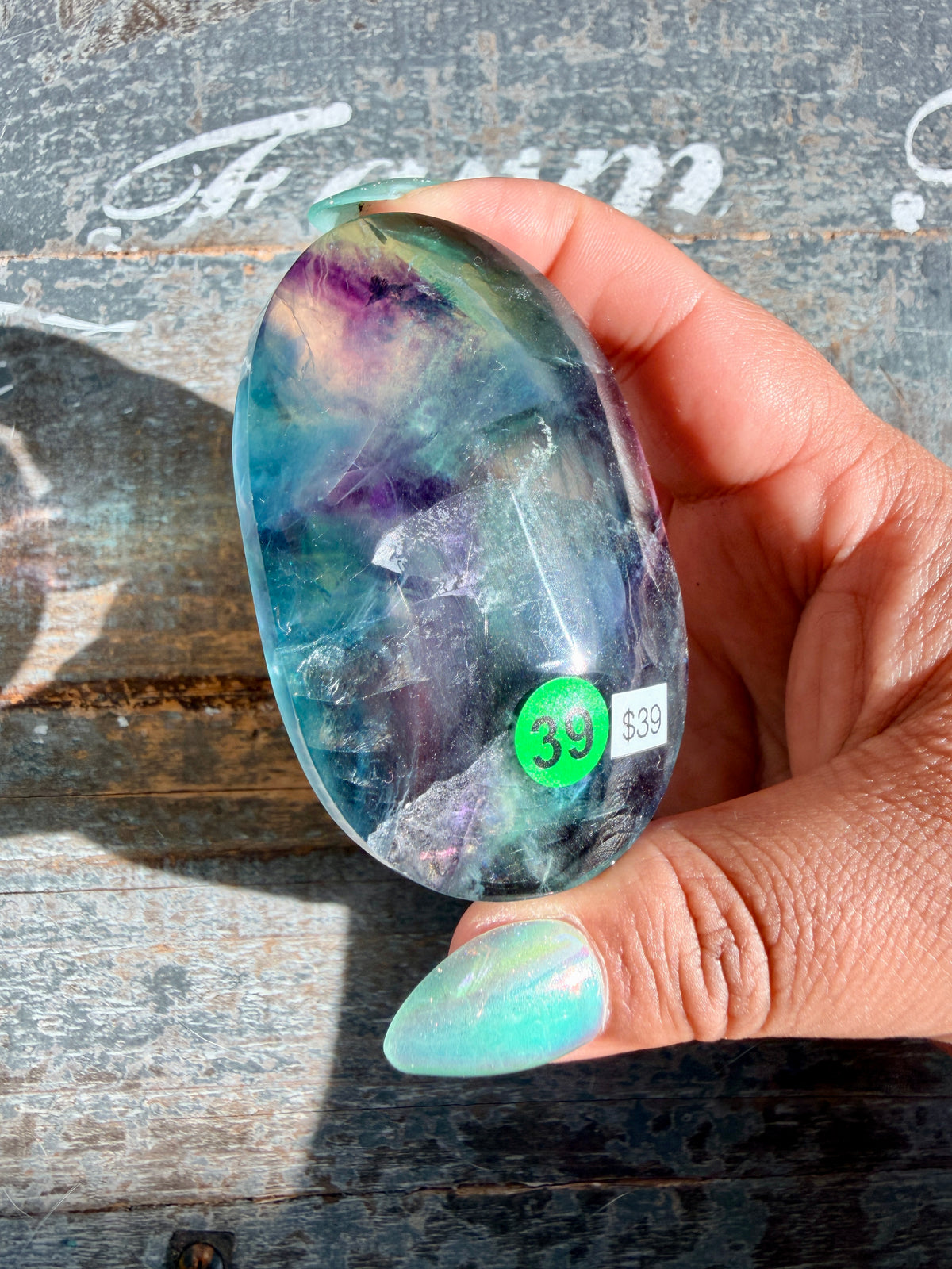 Gorgeous High Quality Rainbow Fluorite Palm Stone | China | Opt 39