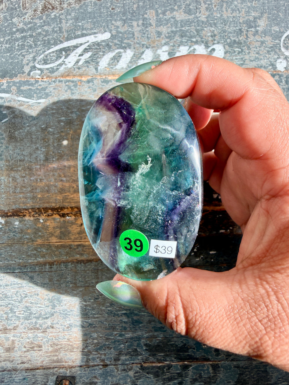 Gorgeous High Quality Rainbow Fluorite Palm Stone | China | Opt 39