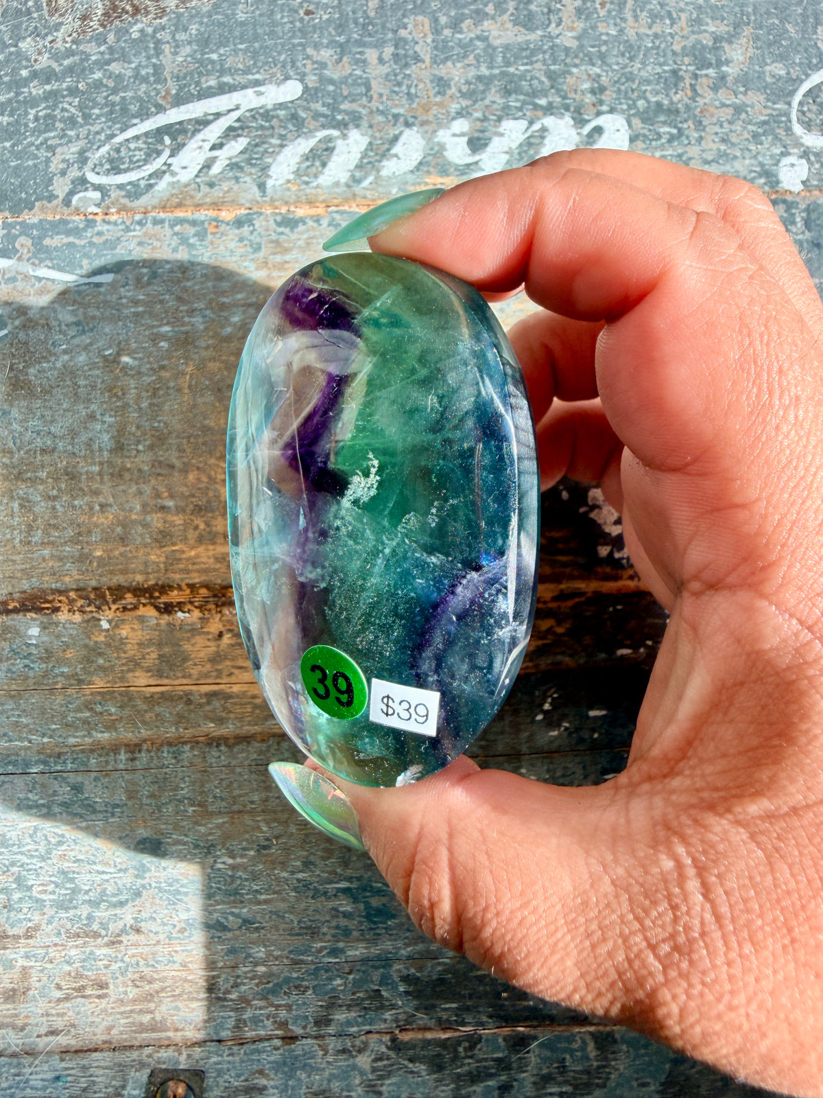 Gorgeous High Quality Rainbow Fluorite Palm Stone | China | Opt 39
