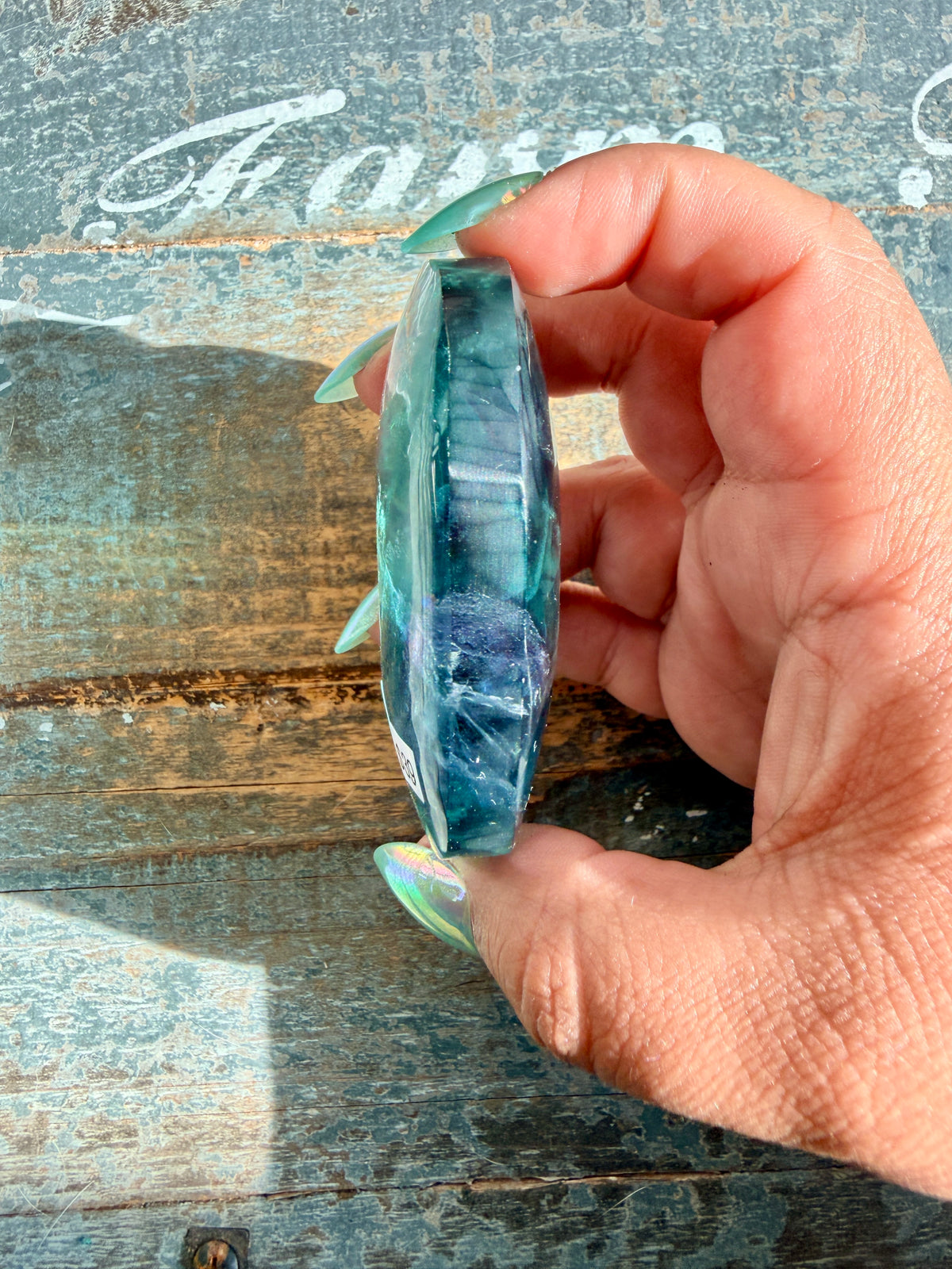 Gorgeous High Quality Rainbow Fluorite Palm Stone | China | Opt 39
