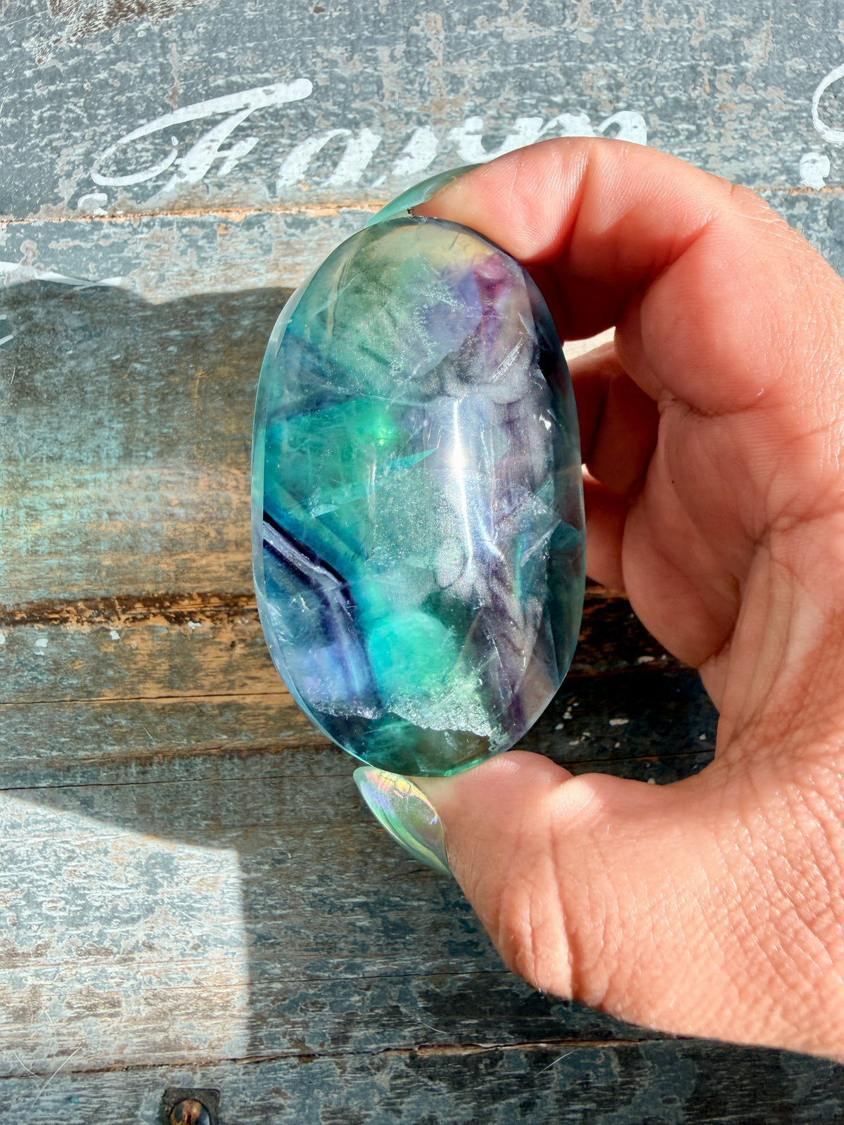 Gorgeous High Quality Rainbow Fluorite Palm Stone | China | Opt 39
