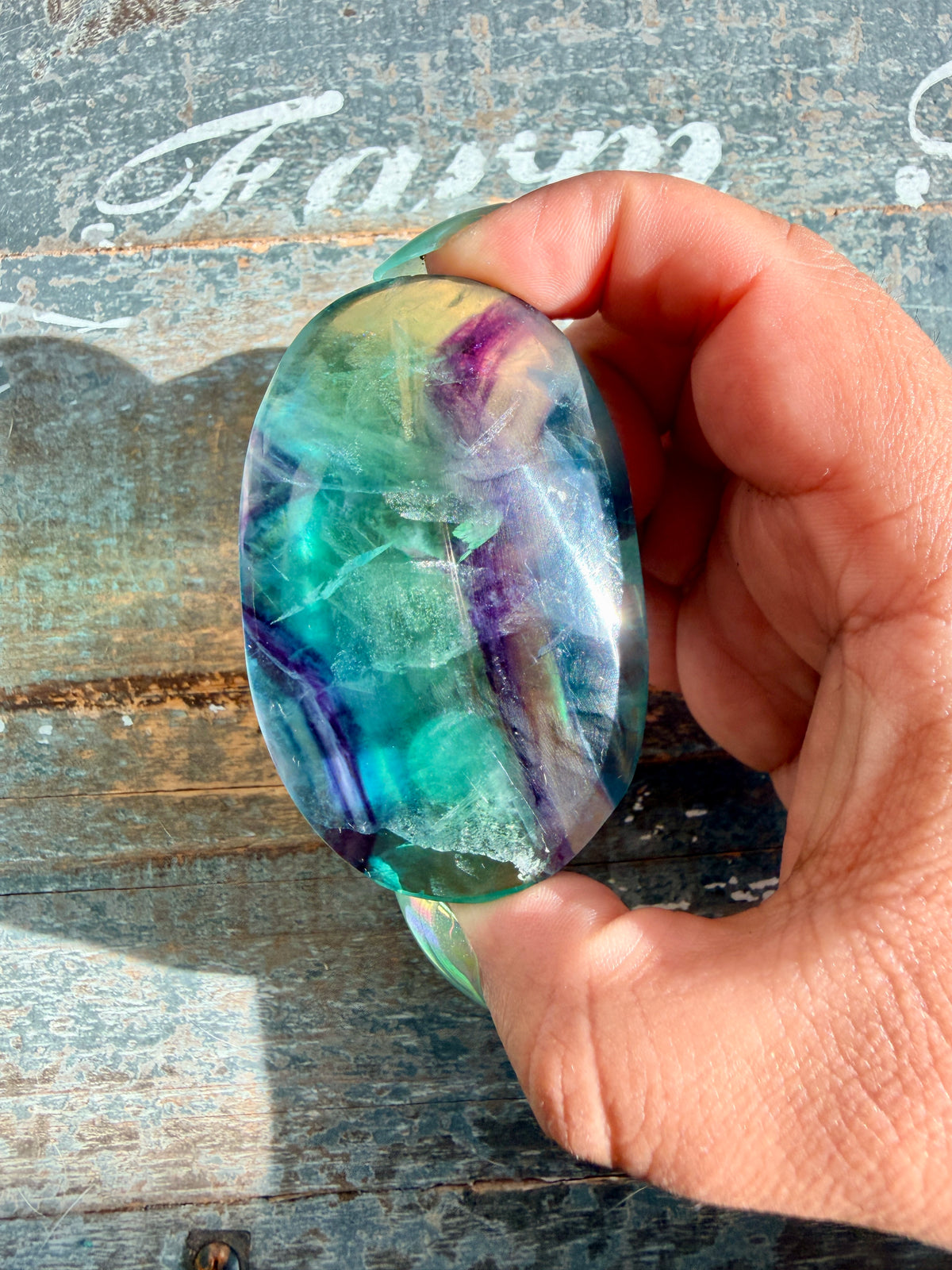 Gorgeous High Quality Rainbow Fluorite Palm Stone | China | Opt 39