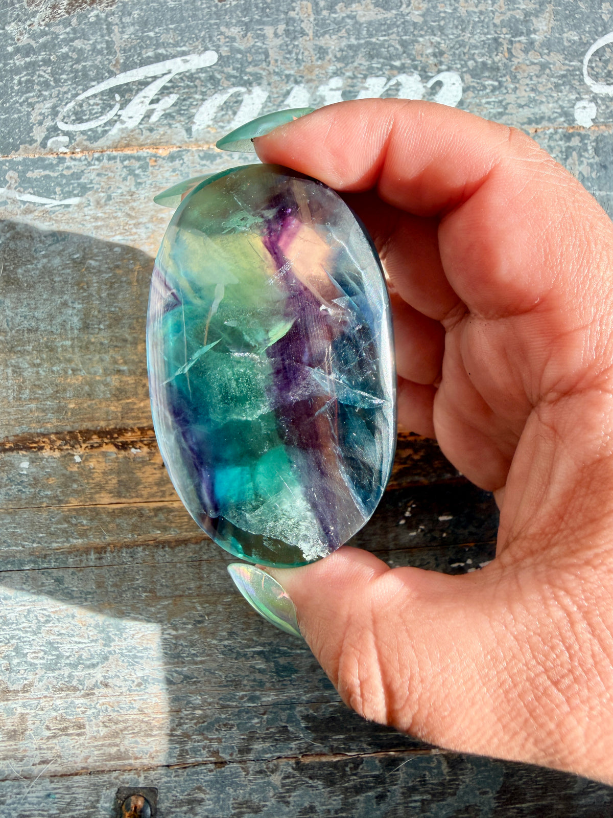 Gorgeous High Quality Rainbow Fluorite Palm Stone | China | Opt 39