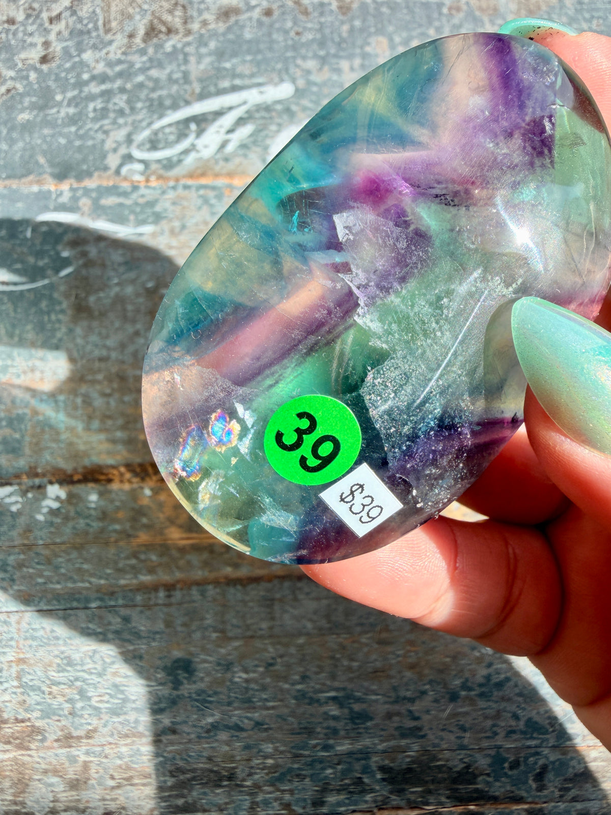 Gorgeous High Quality Rainbow Fluorite Palm Stone | China | Opt 39