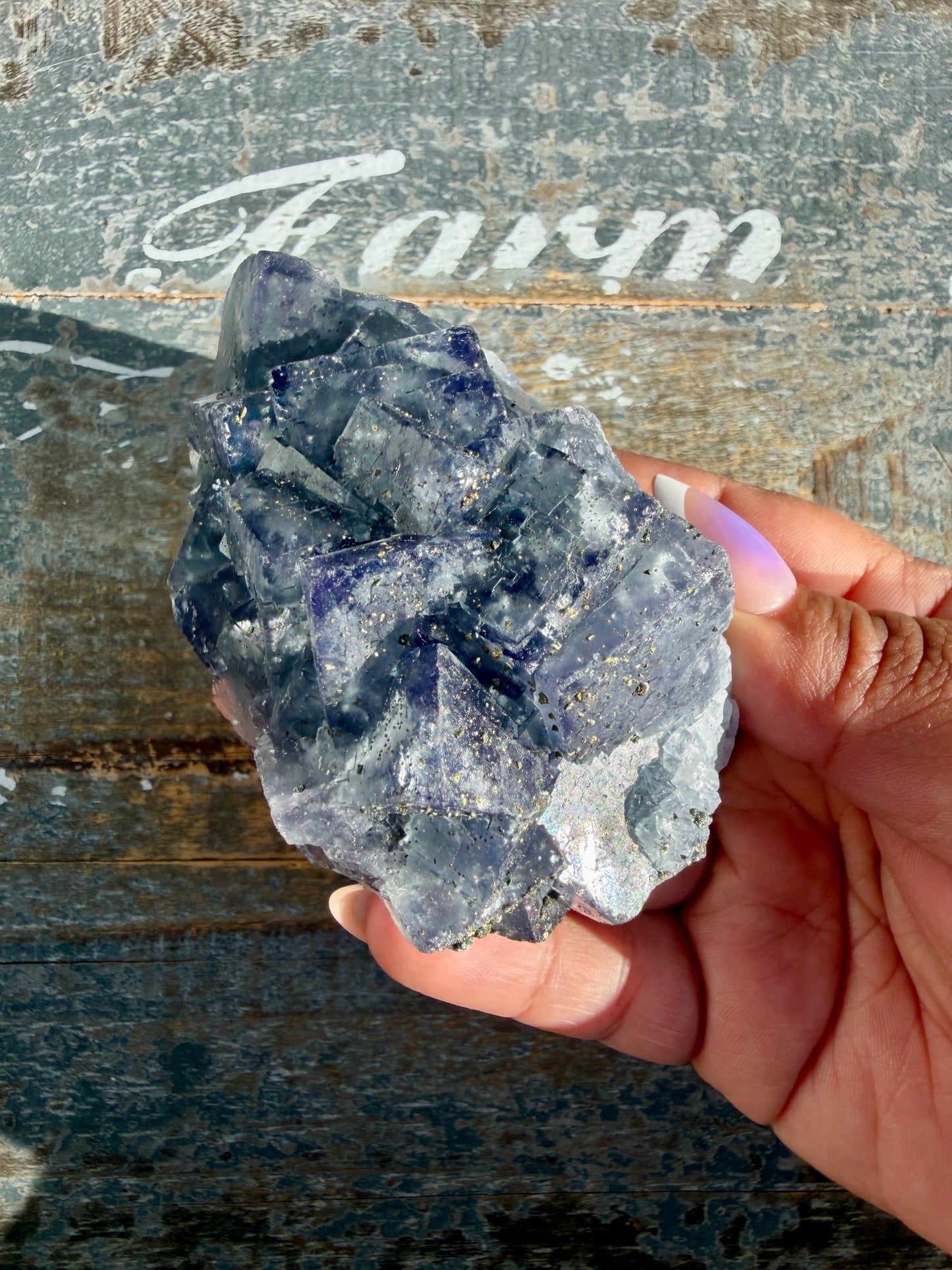 Gorgeous Cubic Dark Blue/Purple Fluorite Specimen coated in Pyrite | China | Opt 54