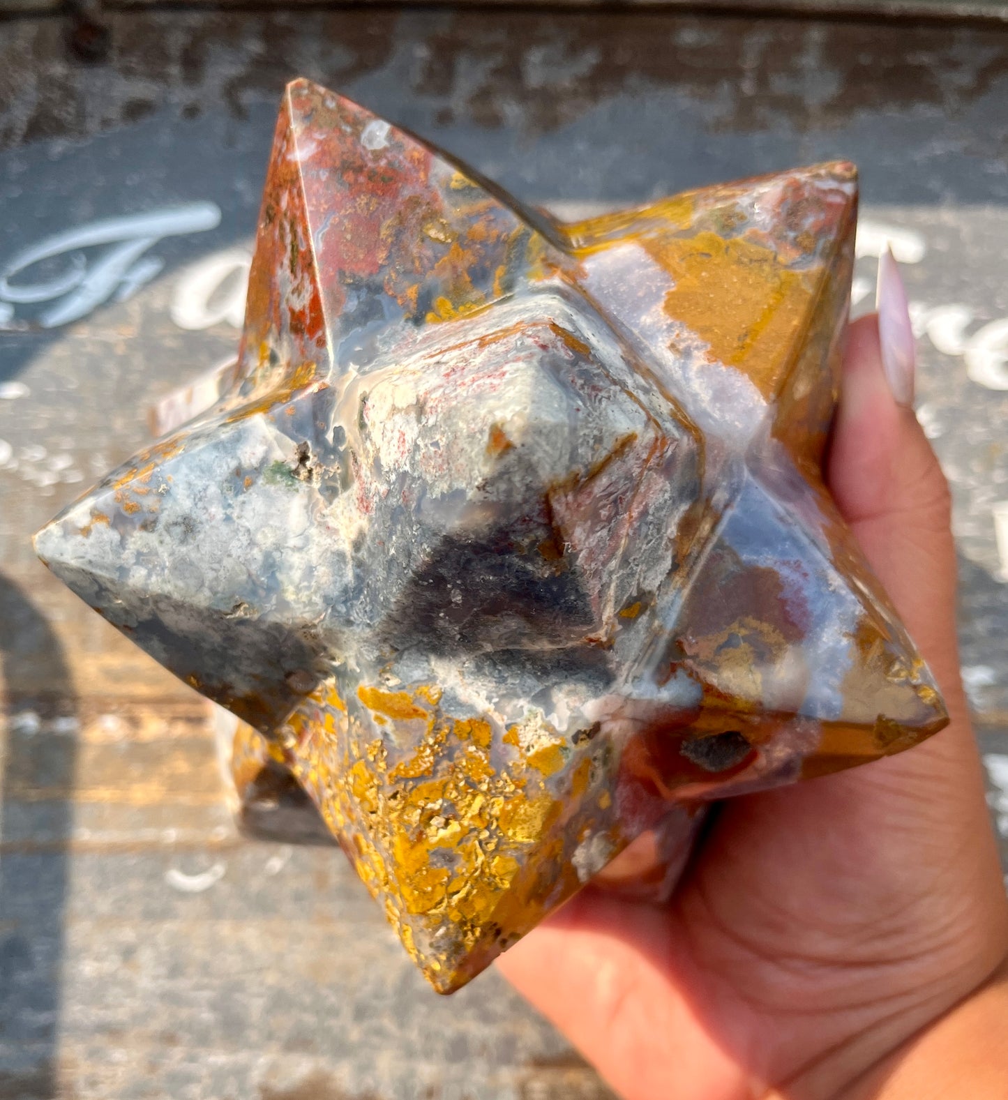 Gorgeous XL Sea Jasper Hand Carved Merkaba Star from Madagascar