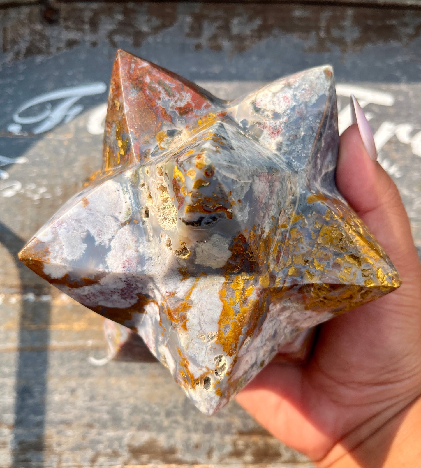 Gorgeous XL Sea Jasper Hand Carved Merkaba Star from Madagascar