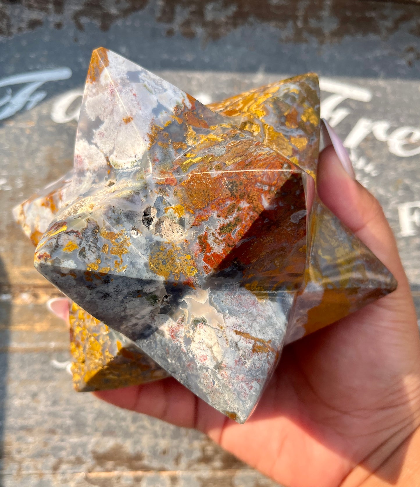 Gorgeous XL Sea Jasper Hand Carved Merkaba Star from Madagascar